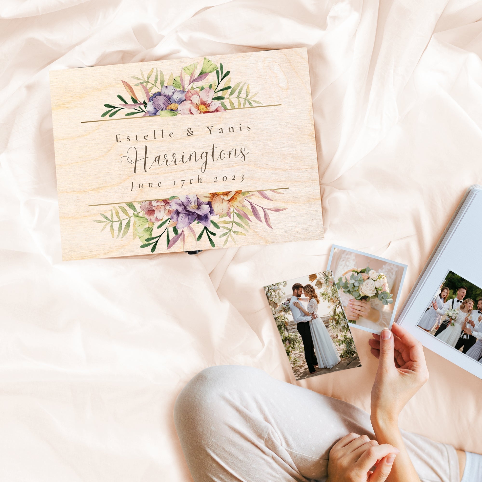 Personalised Printed Floral Wooden Keepsake Box, Custom UV Printed Memory Wedding Treasure Storage, Anniversary, Mother's Day, Birthday Gift