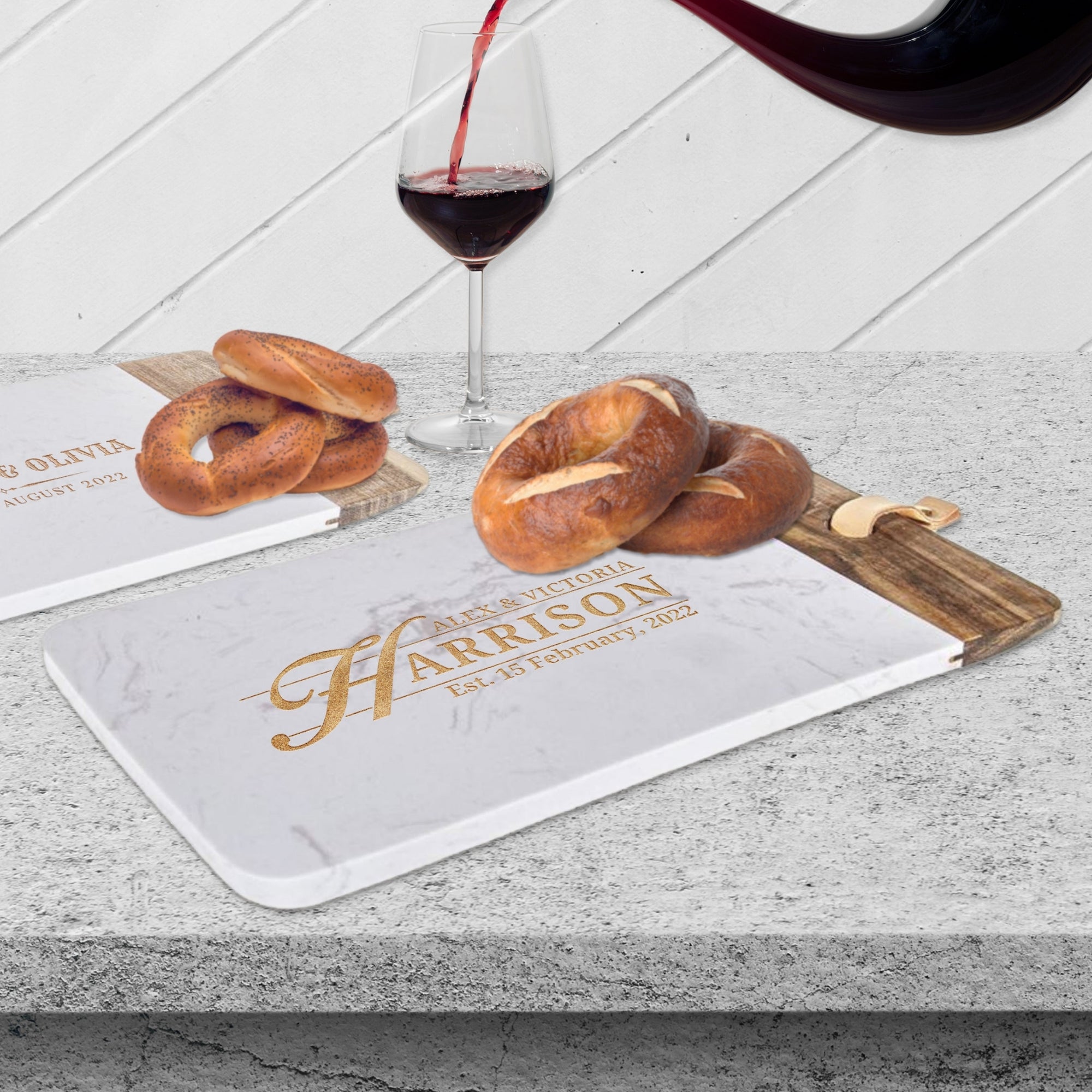 Personalised Acacia Wood & Faux Stone Marble Serving Tray, Custom Engraved Metallic Cheese Board Charcuterie Platter Decor Housewarming Gift