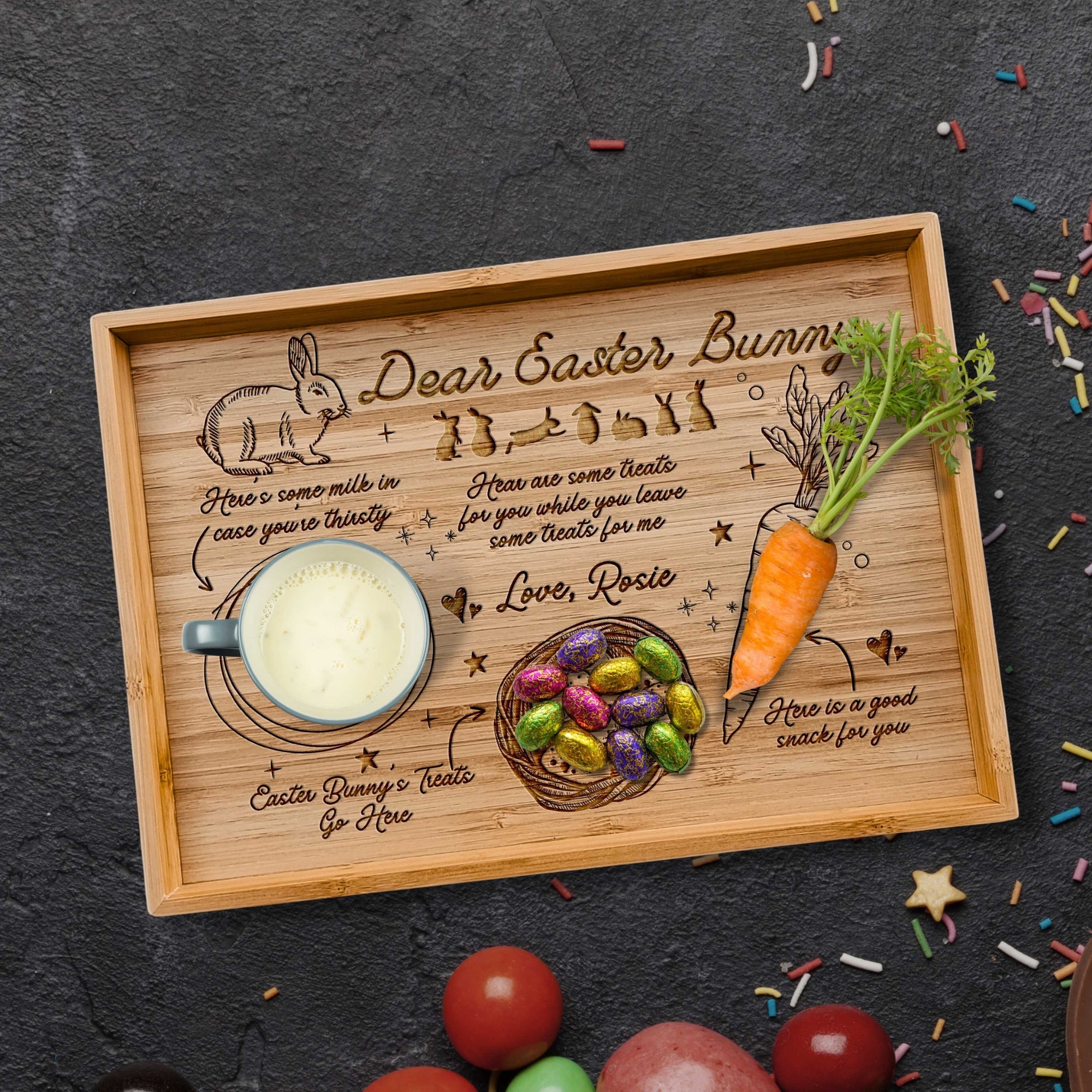 Personalised Dear Easter Bunny Treat Tray, Custom Engraved Rabbit Board, Etched Milk, Carrot Cookie Platter Bamboo Serving Board Wooden Gift