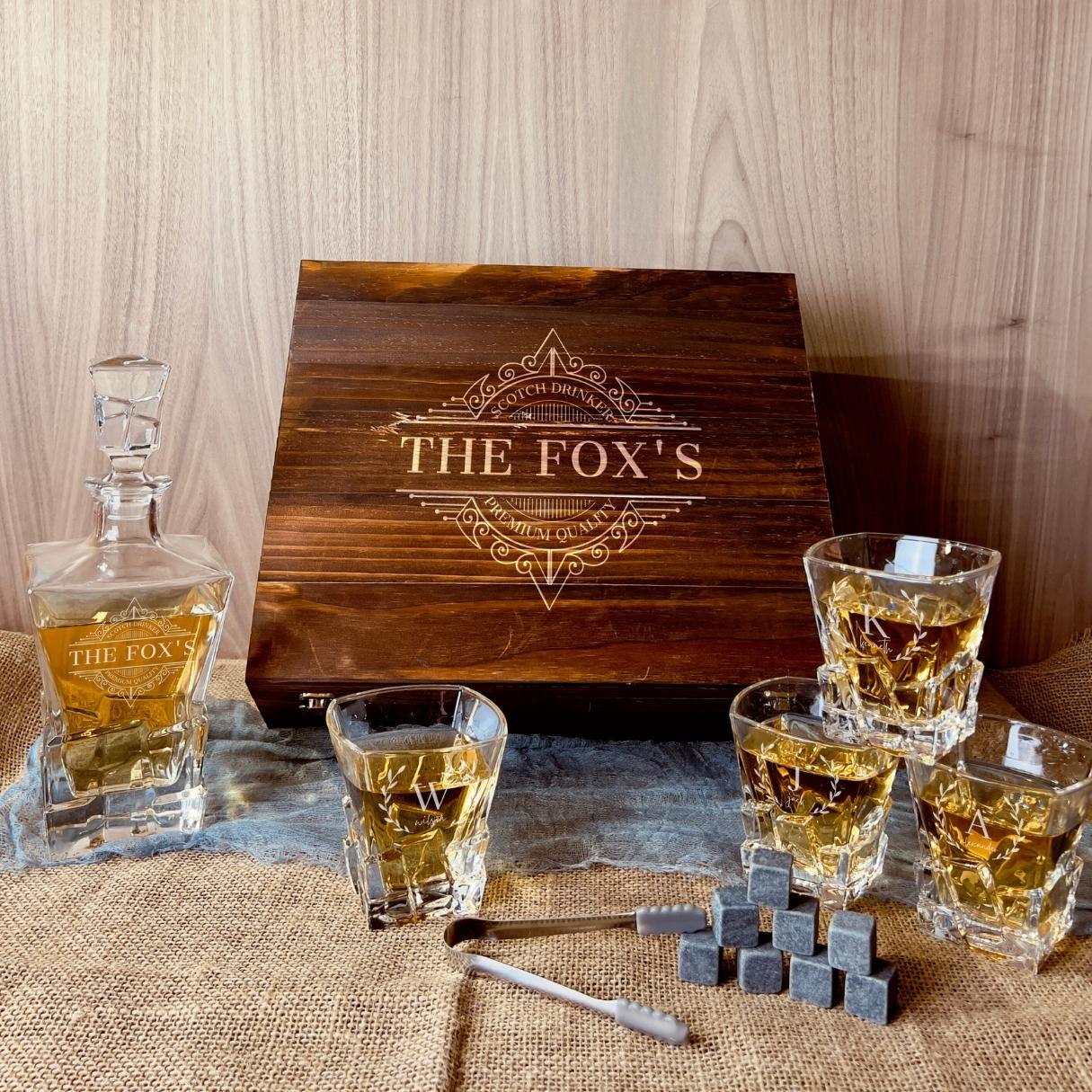 Personalised Wooden Boxed Whiskey Decanter Set, 4 Scotch Glasses, 6 Ice Stones &amp; Tongs | Custom Engraved Groomsmen, Wedding, Whisky Bar Gift