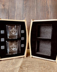 Personalised Wooden Barrel Whiskey Box, 2 Glasses, 6 Ice Stones | Custom Engraved Logo Barware Set, Dad Groomsmen, Birthday, Christmas Gift 