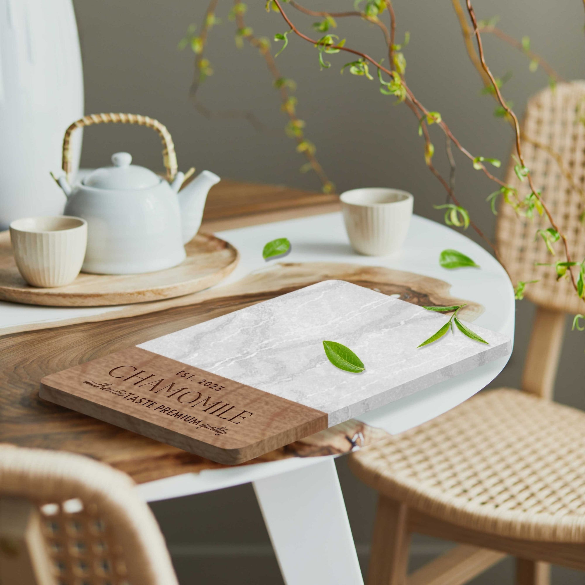 Personalised Acacia Wooden &amp; Marble Cheese Tray, Custom Engraved Logo Square Serving Board Charcuterie Platter, Housewarming, Christmas Gift