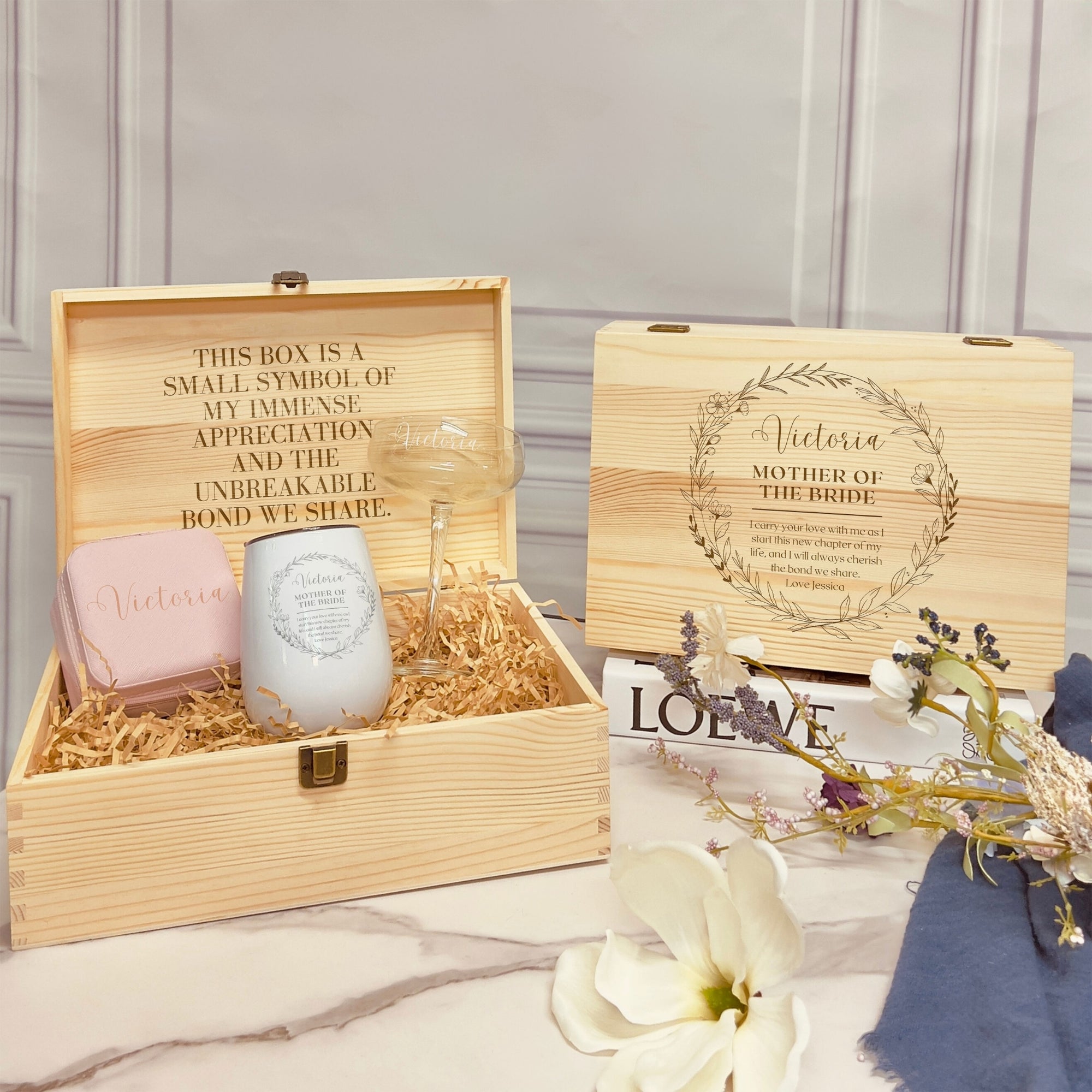 Personalised Champagne Glass, Tumbler, Jewellery Case Set in Custom Engraved Wooden Box, Maid of Honour Mum Bridesmaid Proposal Wedding Gift