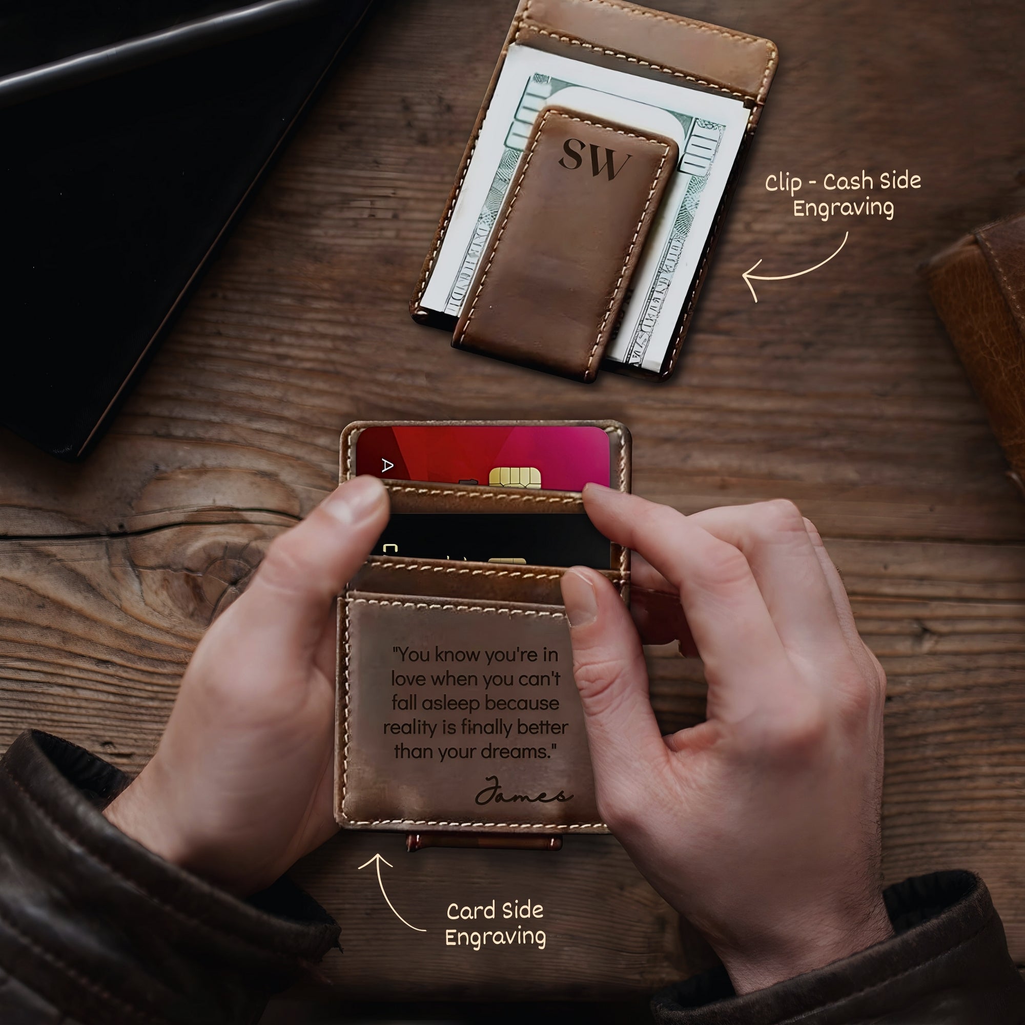 Personalised Genuine Cowhide Leather Magnetic Money Clip Business Card Holder, Custom Engraved Slim Case Organiser Wallet Dad Groomsman Gift