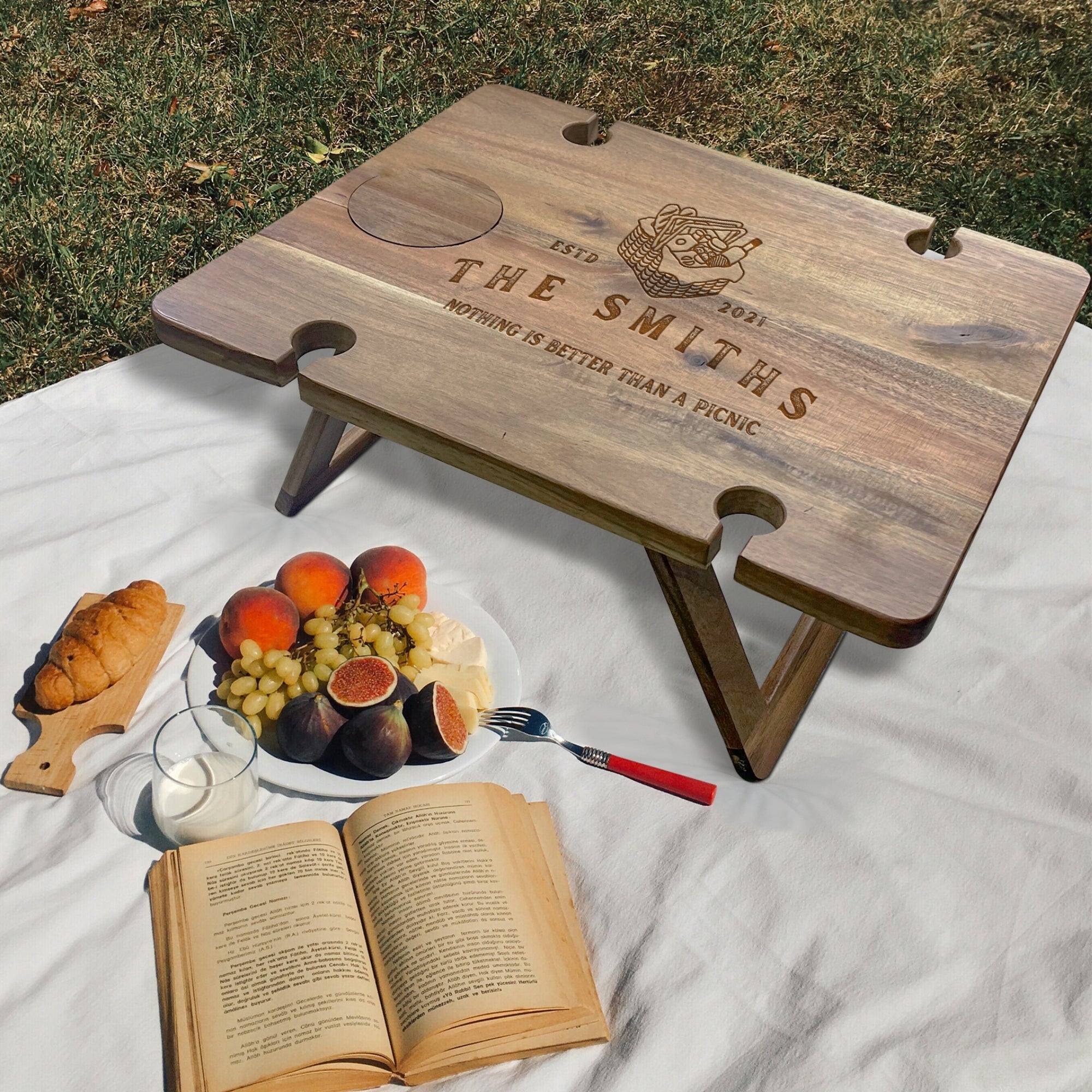 Personalised Foldable Portable Wooden Acacia Travel 4 People Picnic Table & Crystal Wine Glasses, Custom Engraved Wedding, Housewarming Gift