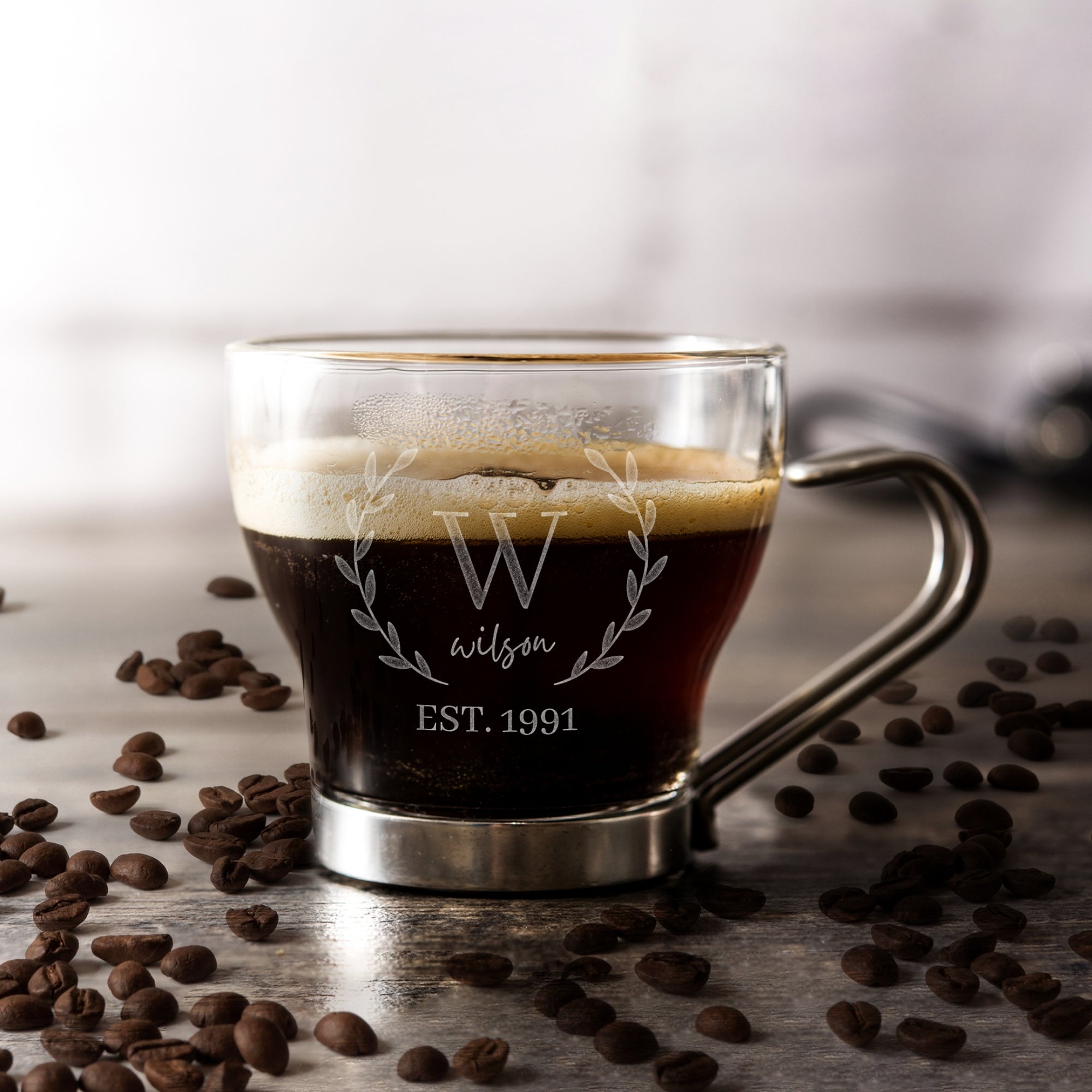 Personalised Glass Coffee Mug & Metal Handle, Custom Engraved Tea Cup, Wedding Favours, Birthday, Mom Father's Day, Christmas Corporate Gift