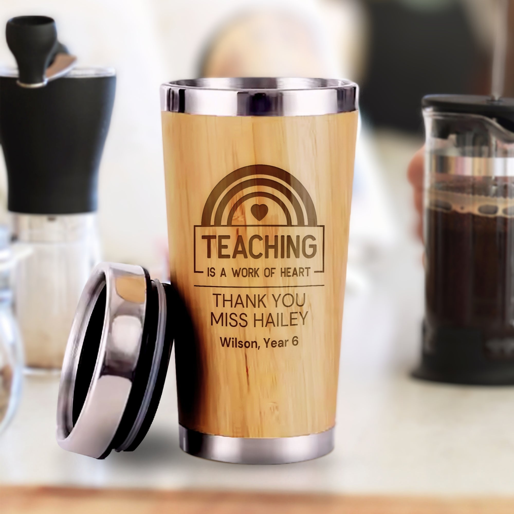 Personalised Bamboo, Stainless Steel Insulated Cup, Custom Engraved Logo Travel Thermal Tumbler, Vacuum Mug Flask, Teacher, Corporate Gift