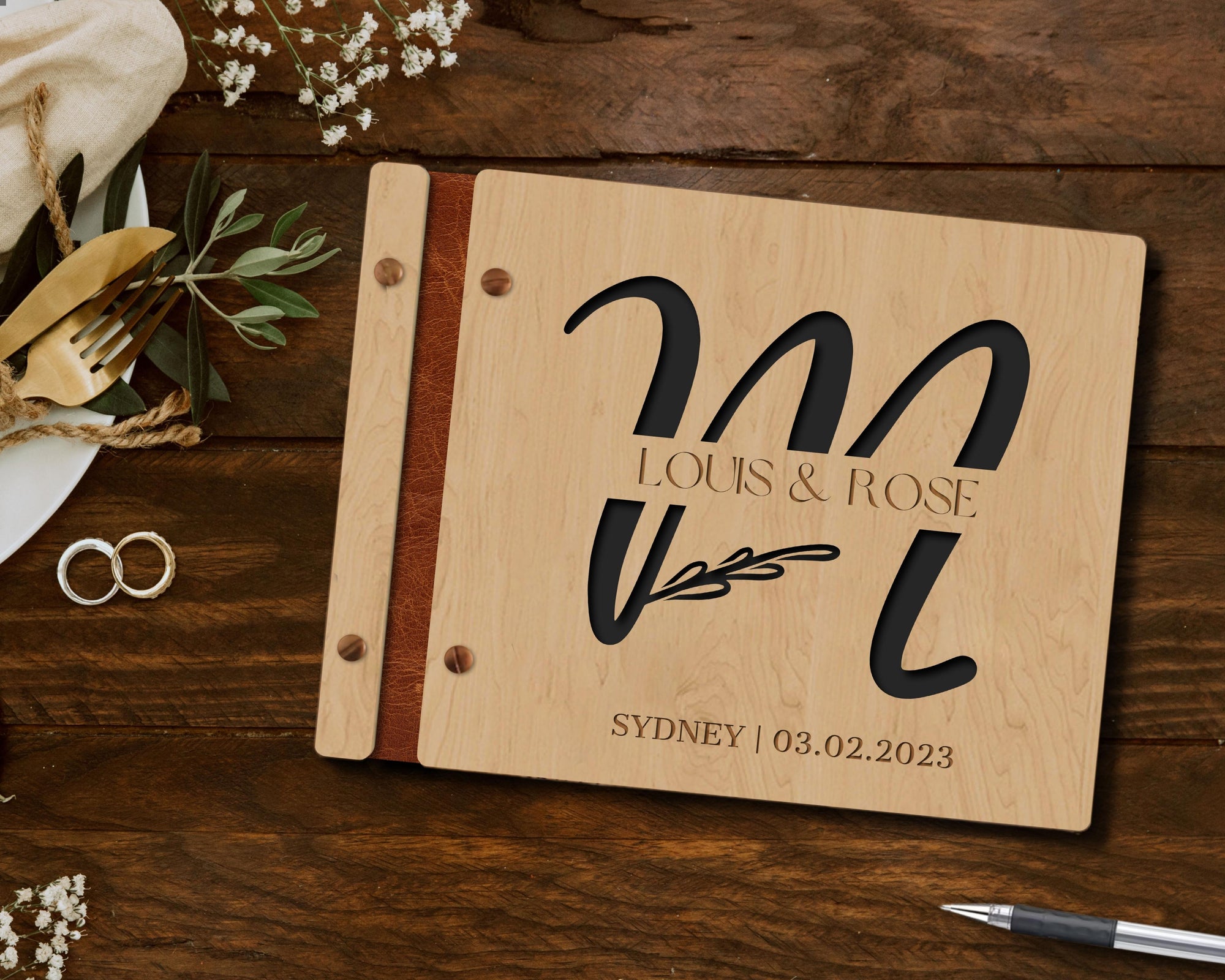 Custom Laser Cut & Engraved Wooden Vegan Leather Wedding Guest Book, Personalised Plywood Birthday Guestbook Keepsake, Rustic Party Decor