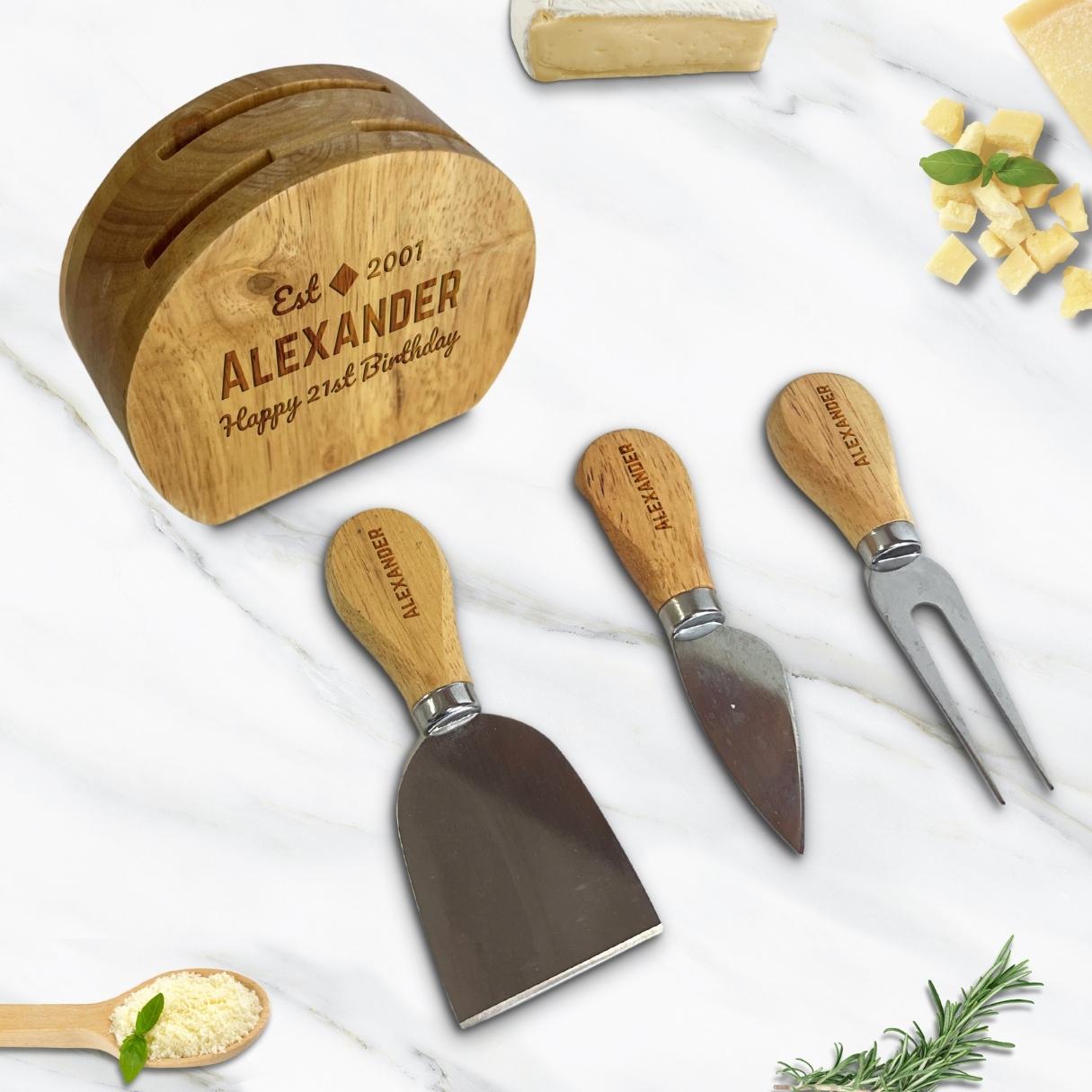 Personalised 4 Piece Wooden Cheese Knife Block Set, Engraved Serving Charcuterie Platter, Wedding, Anniversary, Corporate, Housewarming Gift