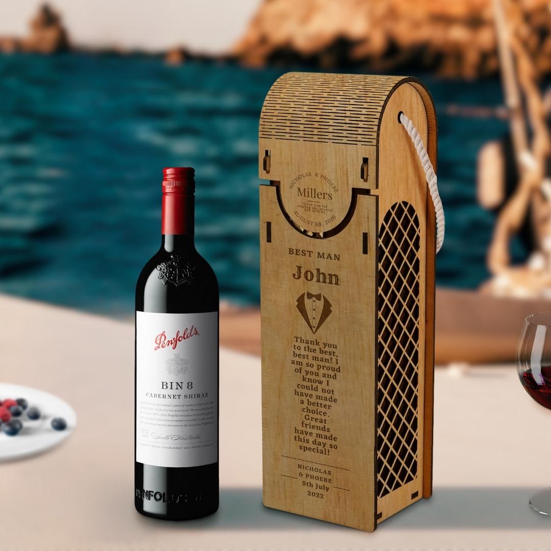 Custom Made Laser Cut & Engraved Carry Decorative Rope Handle Wooden Wine Box, Personalised Plywood/ MDF Name/ Logo Wedding, Birthday, Corporate Wine Bottle Gift Boxes