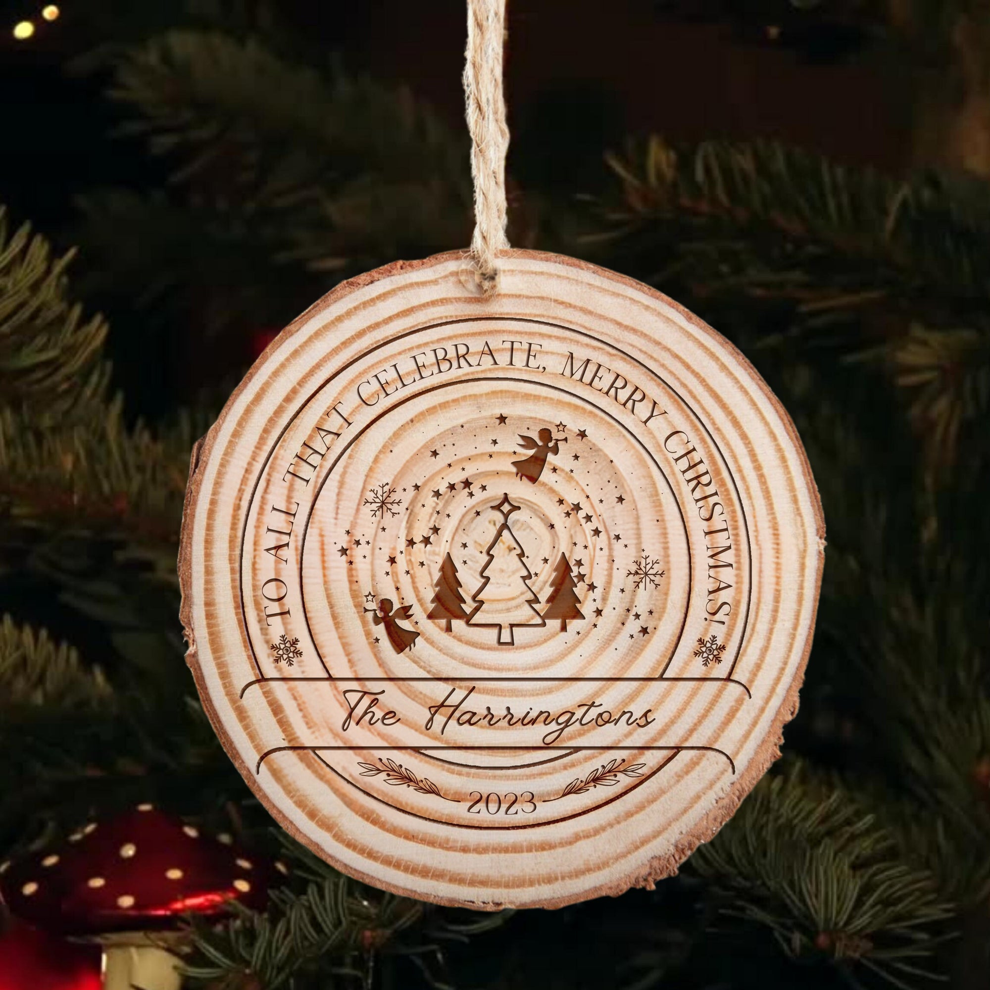 Custom Engraved Christmas Rustic Wood Slice Ornament, Personalised First Engaged Married Wreath Family Hanging Tree Baubles, Decor Gift Tags