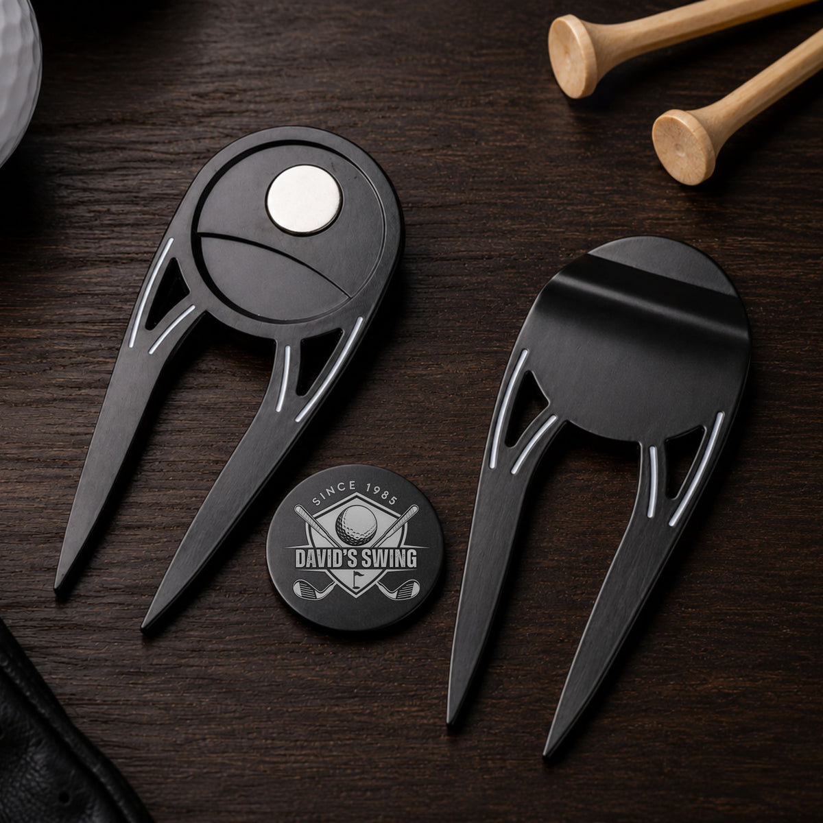 Custom engraved 3-in-1 golf divot tool with magnetic ball marker and bottle opener