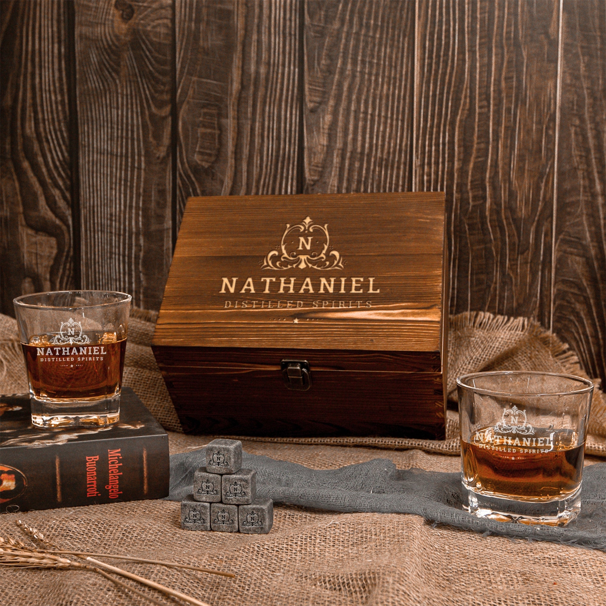 Custom Engraved Whiskey Wooden Box - 2 Square Star Base Scotch Glasses & 6 Rock Ice Stones, Personalised Barware Set, Father, Groomsman Gift