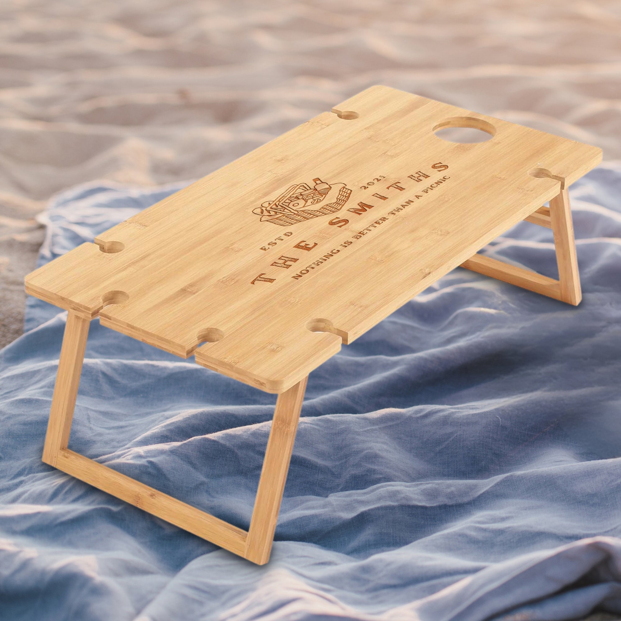 Personalised Bamboo Picnic Table & 6 Crystal Wine Glasses, Engraved Cheese Board Charcuterie Platter, Camping, Anniversary Housewarming Gift