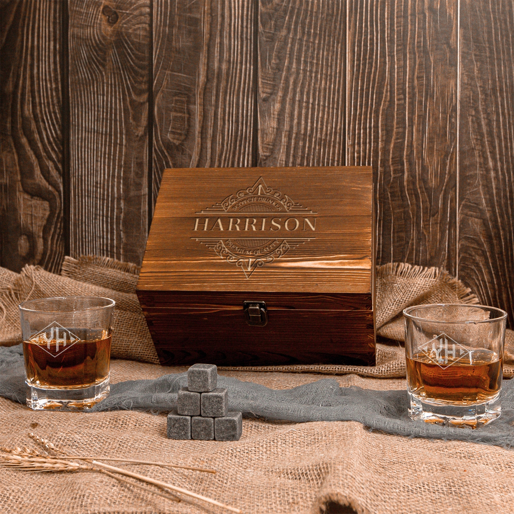 Custom Engraved Whiskey Wooden Box - 2 Square Star Base Scotch Glasses &amp; 6 Rock Ice Stones, Personalised Barware Set, Father, Groomsman Gift