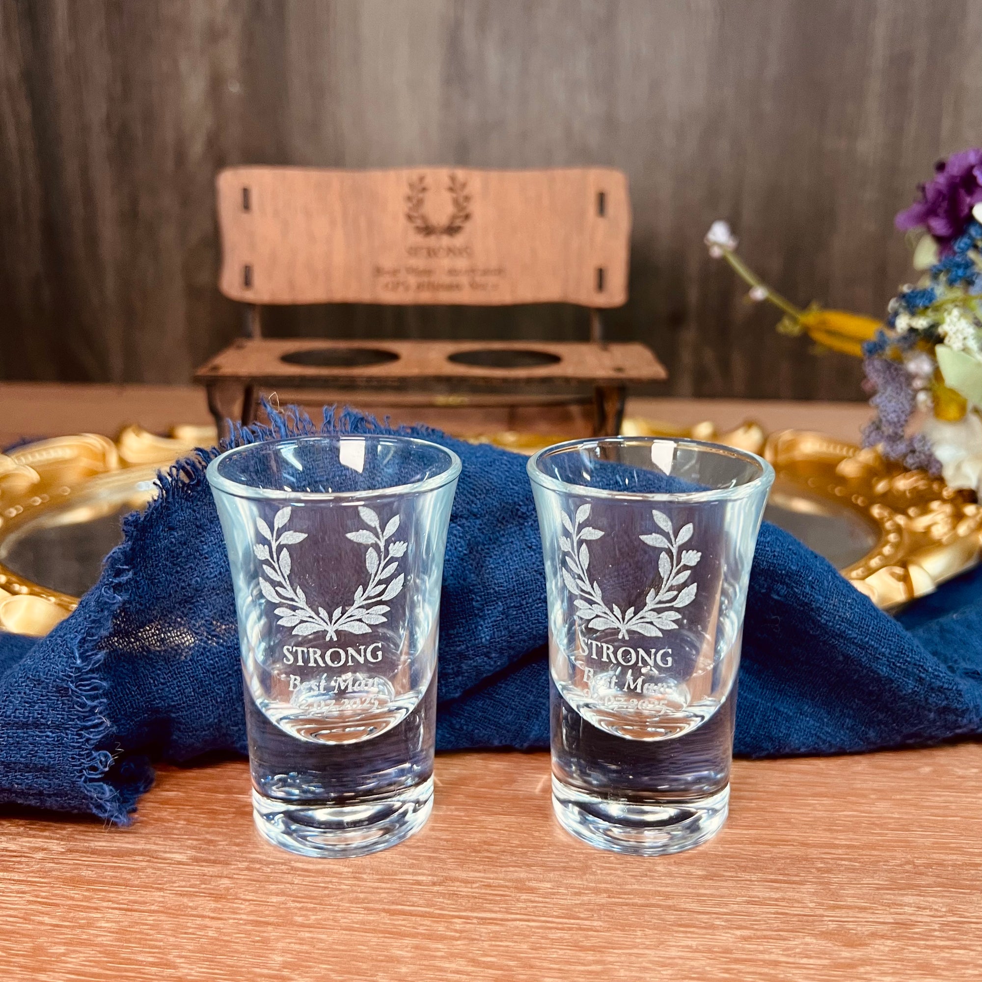 Personalised 2 Crystal Shot Glasses &amp; Custom Engraved Mini Wooden Bench Chair Set, Bridesmaid Groomsman, Couple Wedding, Xmas Corporate Gift