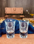 Personalised 2 Crystal Shot Glasses & Custom Engraved Mini Wooden Bench Chair Set, Bridesmaid Groomsman, Couple Wedding, Xmas Corporate Gift