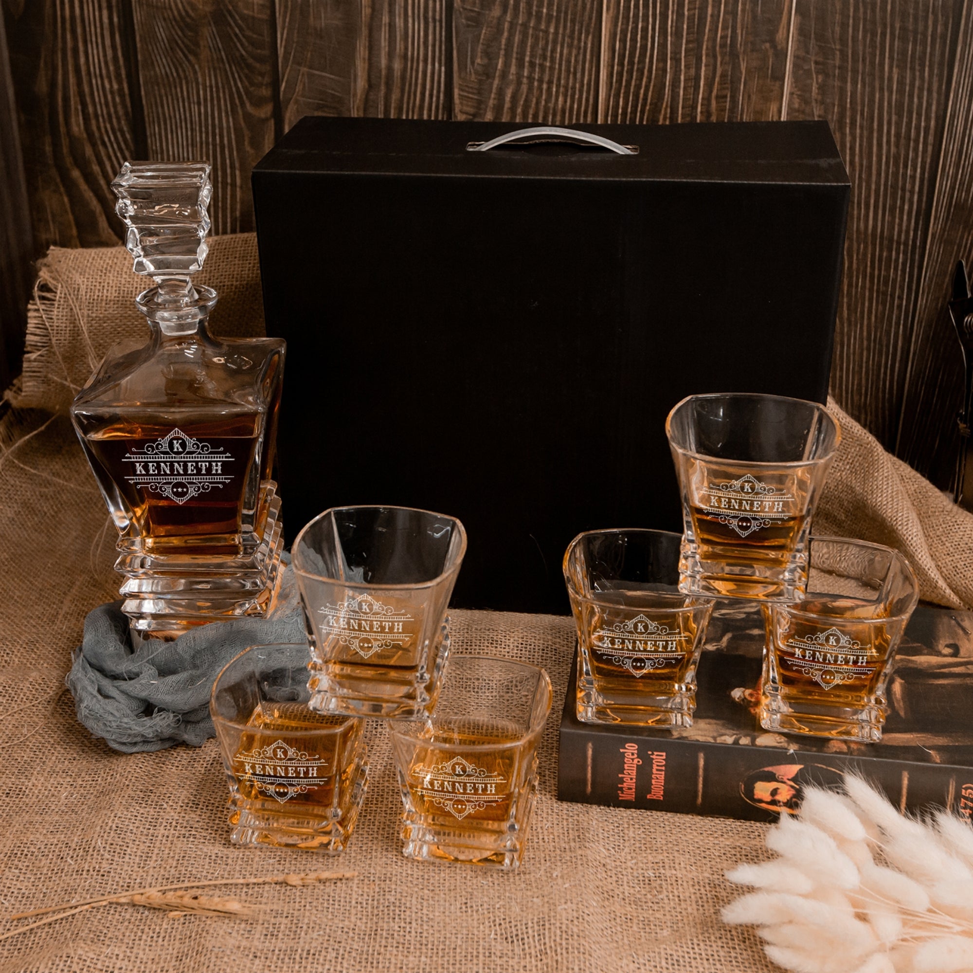 Personalised Prism Whiskey Decanter & 6 Scotch Glasses Box Set , Custom Engraved Whisky Barware, Housewarming, Groomsmen, Dad, Birthday Gift