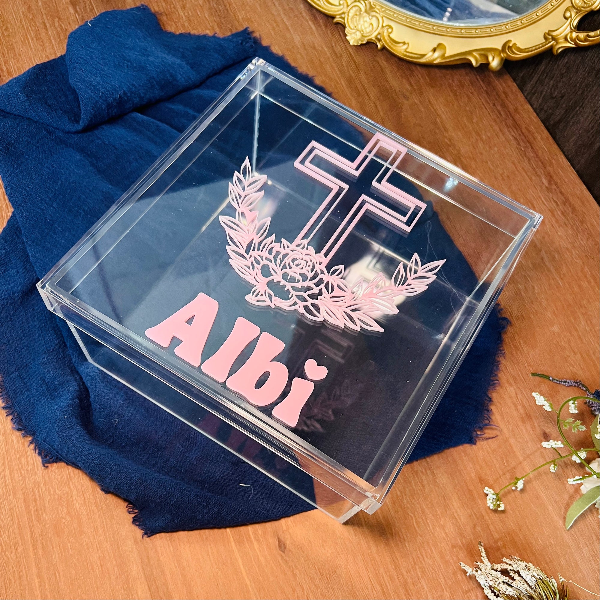 Personalised 3D Raised Acrylic Name Clear Christening Box, Custom Made Transparent Blue Baptism Memory Box First Birthday Baby Keepsake Gift