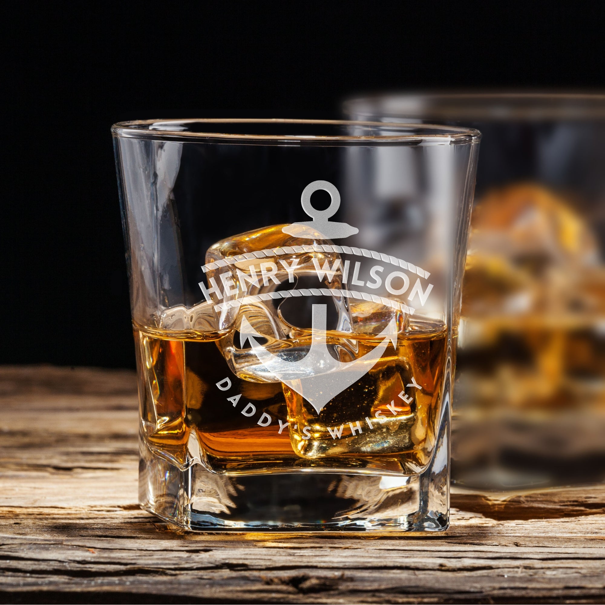 Custom Engraved Whiskey Wooden Box - 2 Square Star Base Scotch Glasses &amp; 6 Rock Ice Stones, Personalised Barware Set, Father, Groomsman Gift