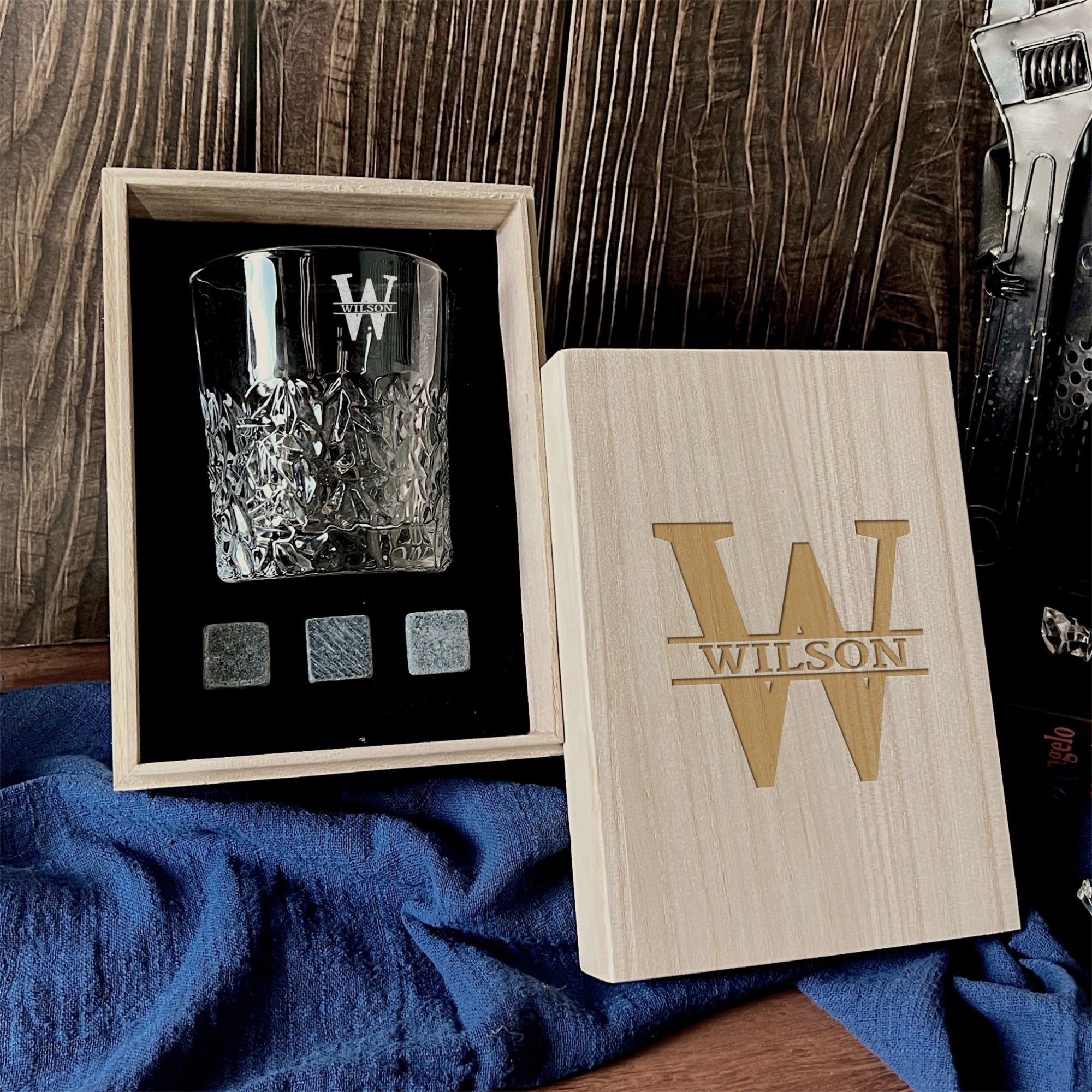 Personalised Wooden Whiskey Gift Box, Diamond Pattern Glass, Ice Stones Coaster, Custom Engraved Barware Set, Groomsman, Dad, Corporate Gift