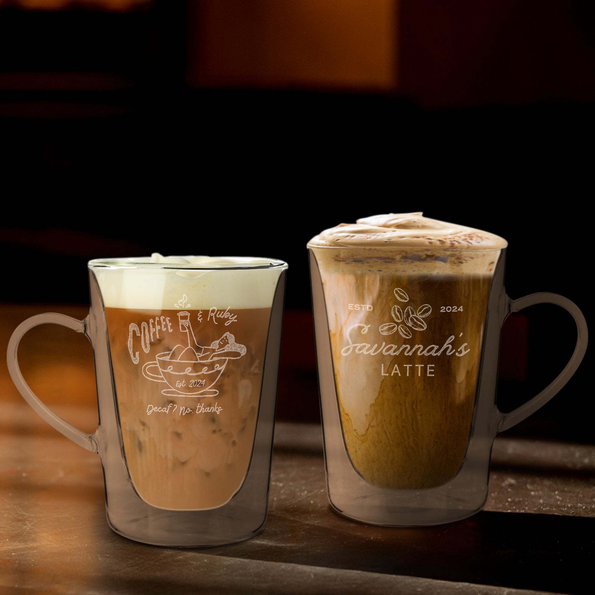 Personalised Double Wall Insulated Glass Coffee Mug, Custom Engraved Tea Cup Wedding Favours, Mom Dad Birthday Christmas Logo Corporate Gift