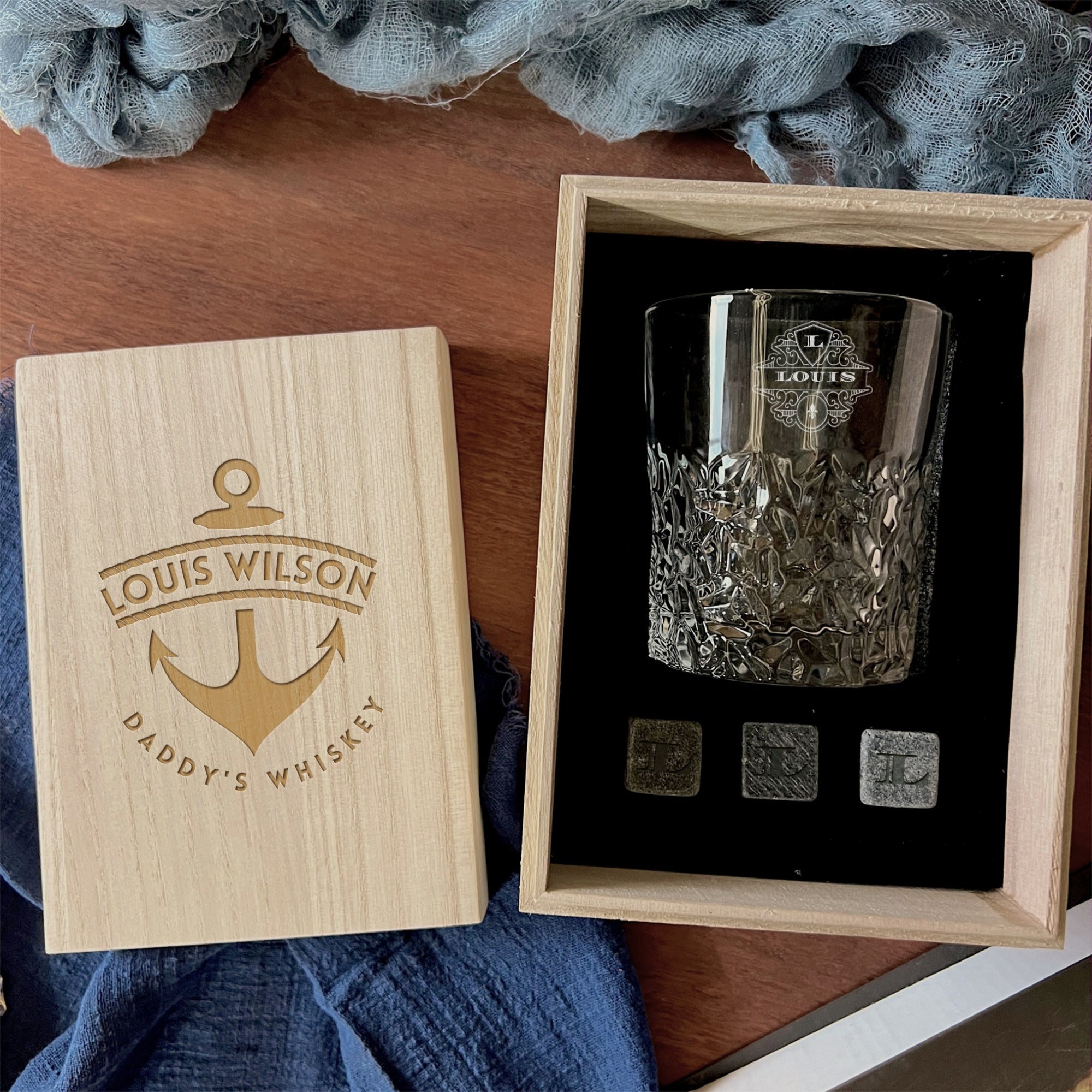 Personalised Wooden Whiskey Gift Box, Diamond Pattern Glass, Ice Stones Coaster, Custom Engraved Barware Set, Groomsman, Dad, Corporate Gift