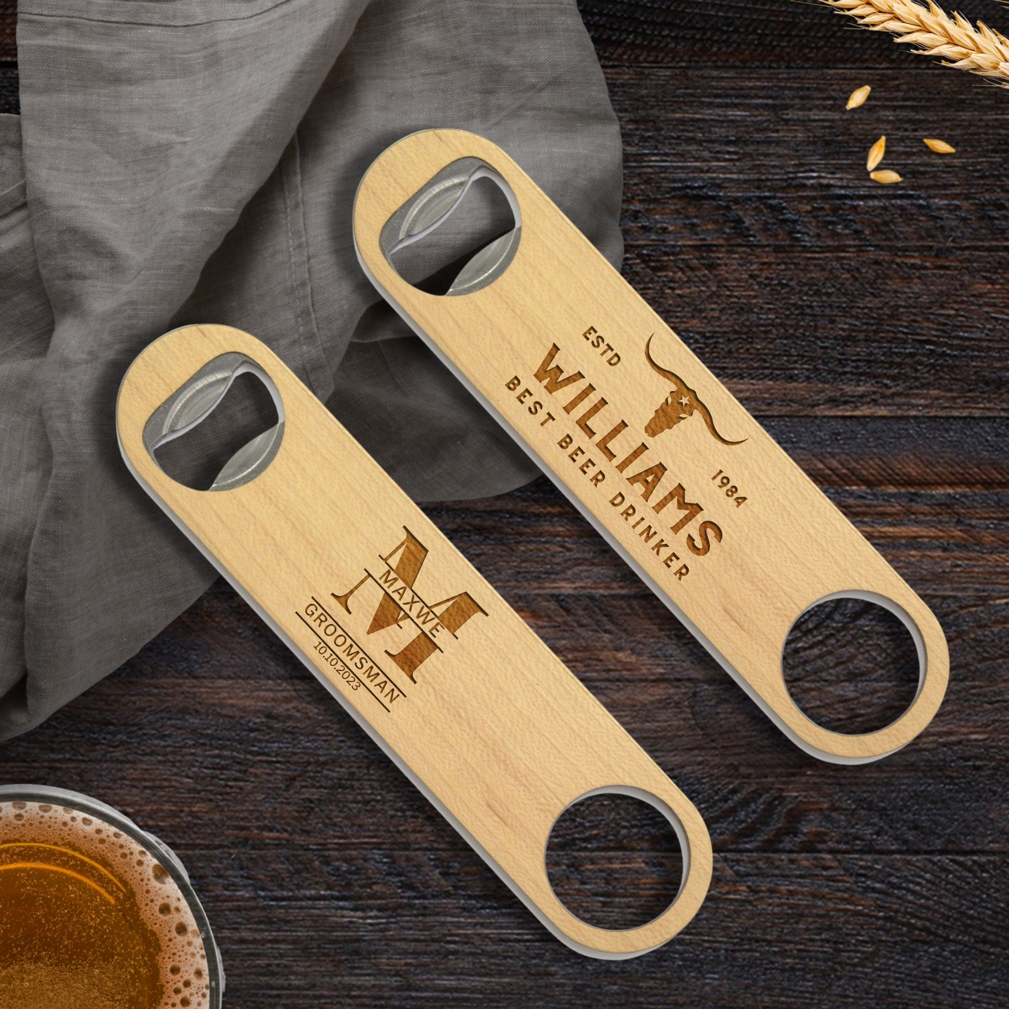 Personalised Wooden Bar Blade Beer Bottle Opener, Custom Engraved Logo Corporate Gift, Wedding Favour, Groomsmen, Father's Day, Teacher Gift