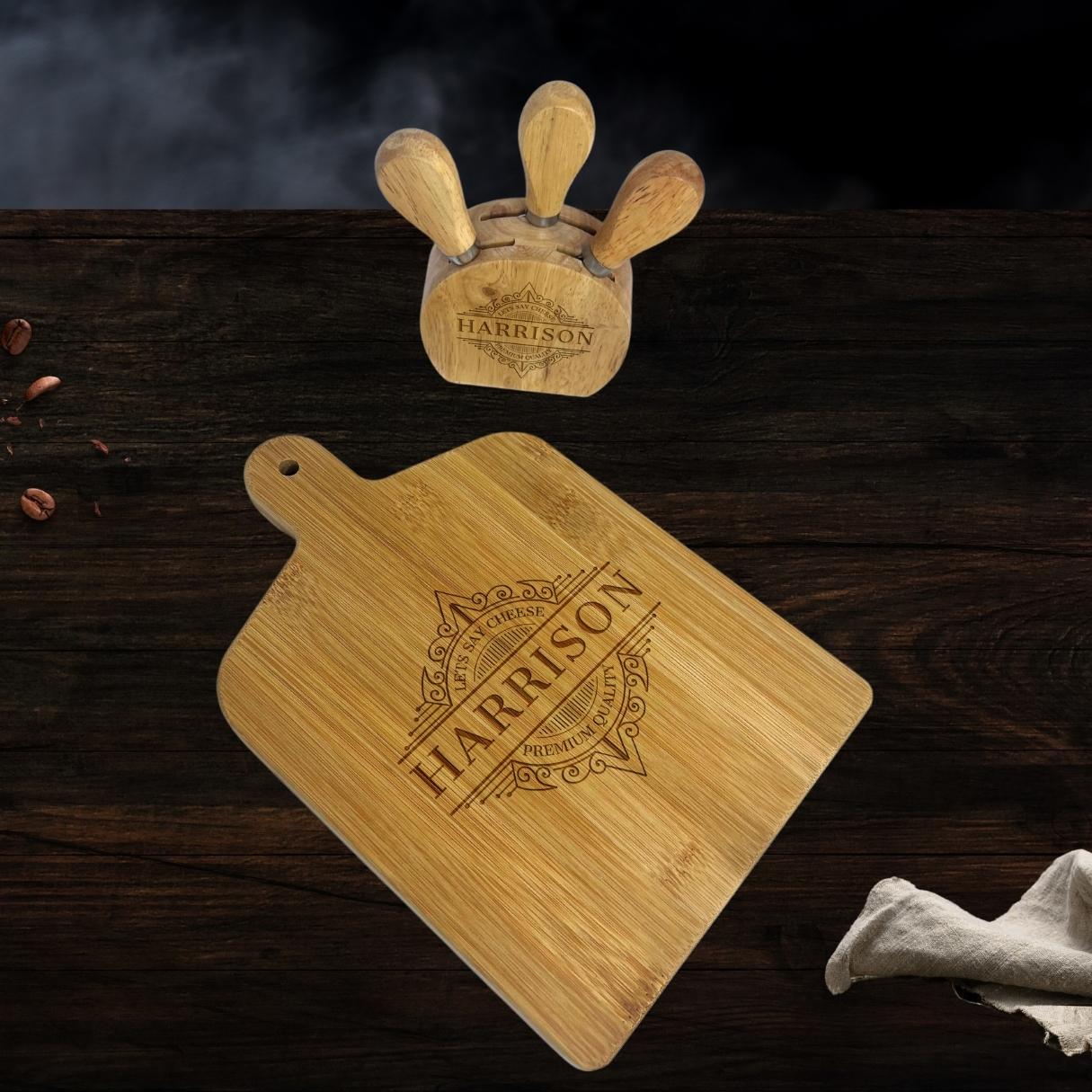 Personalised Wooden Paddle Chopping Board &amp; 4 Piece Cheese Knife Set Customised Serving Tray Engraved Charcuterie Platter, Housewarming Gift