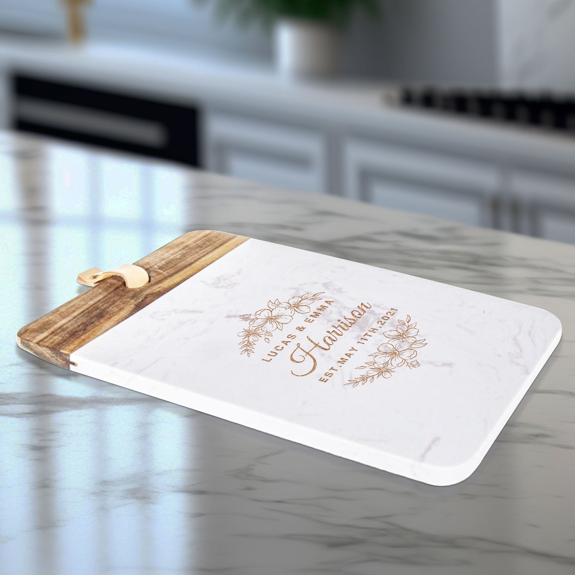 Personalised Acacia Wood & Faux Stone Marble Serving Tray, Custom Engraved Metallic Cheese Board Charcuterie Platter Decor Housewarming Gift