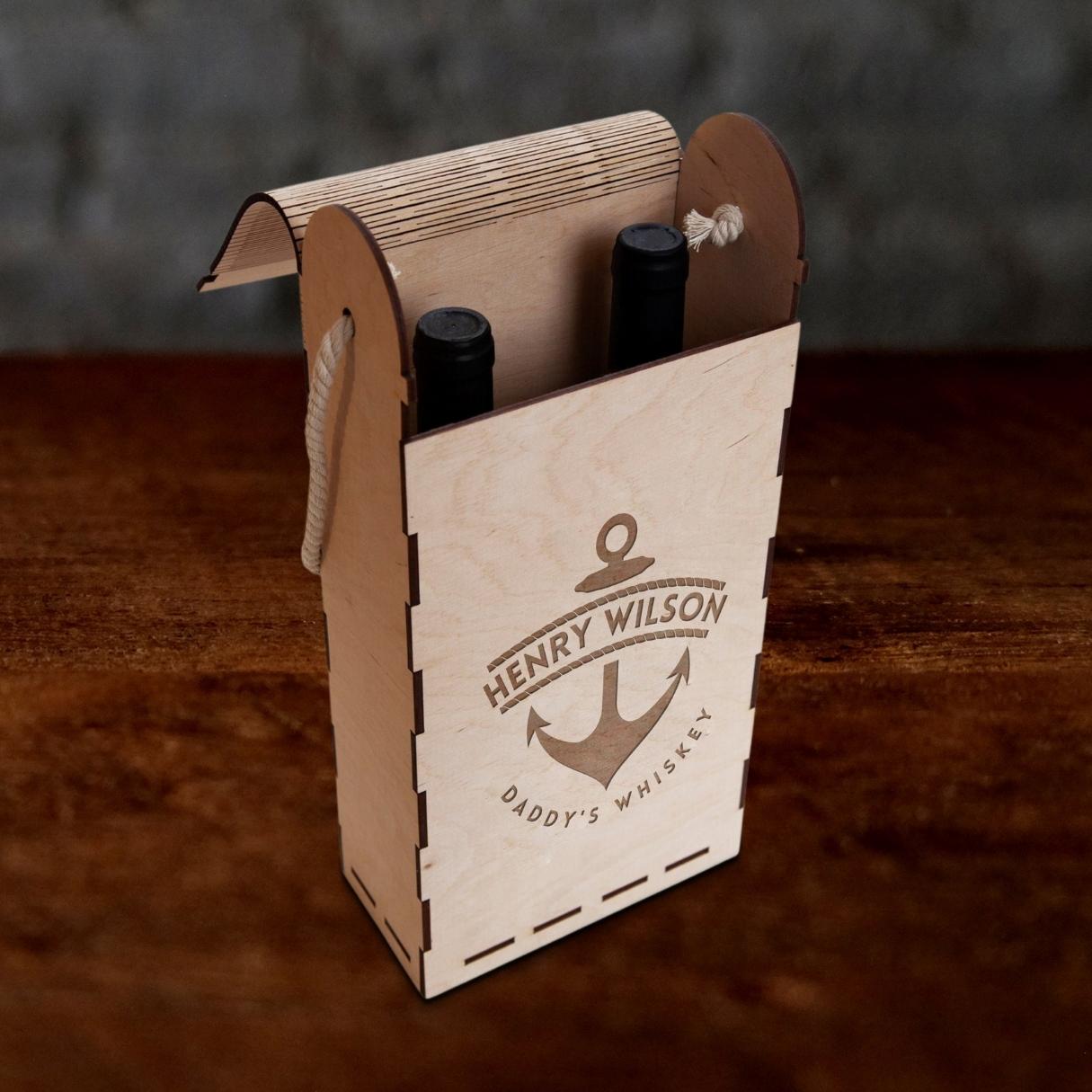 Custom Made Laser Cut &amp; Engraved Carry Rope Handle Double Wooden Wine Box, Personalised Plywood/ MDF Name/ Logo Wedding, Birthday, Corporate Wine Bottle Gift Boxes