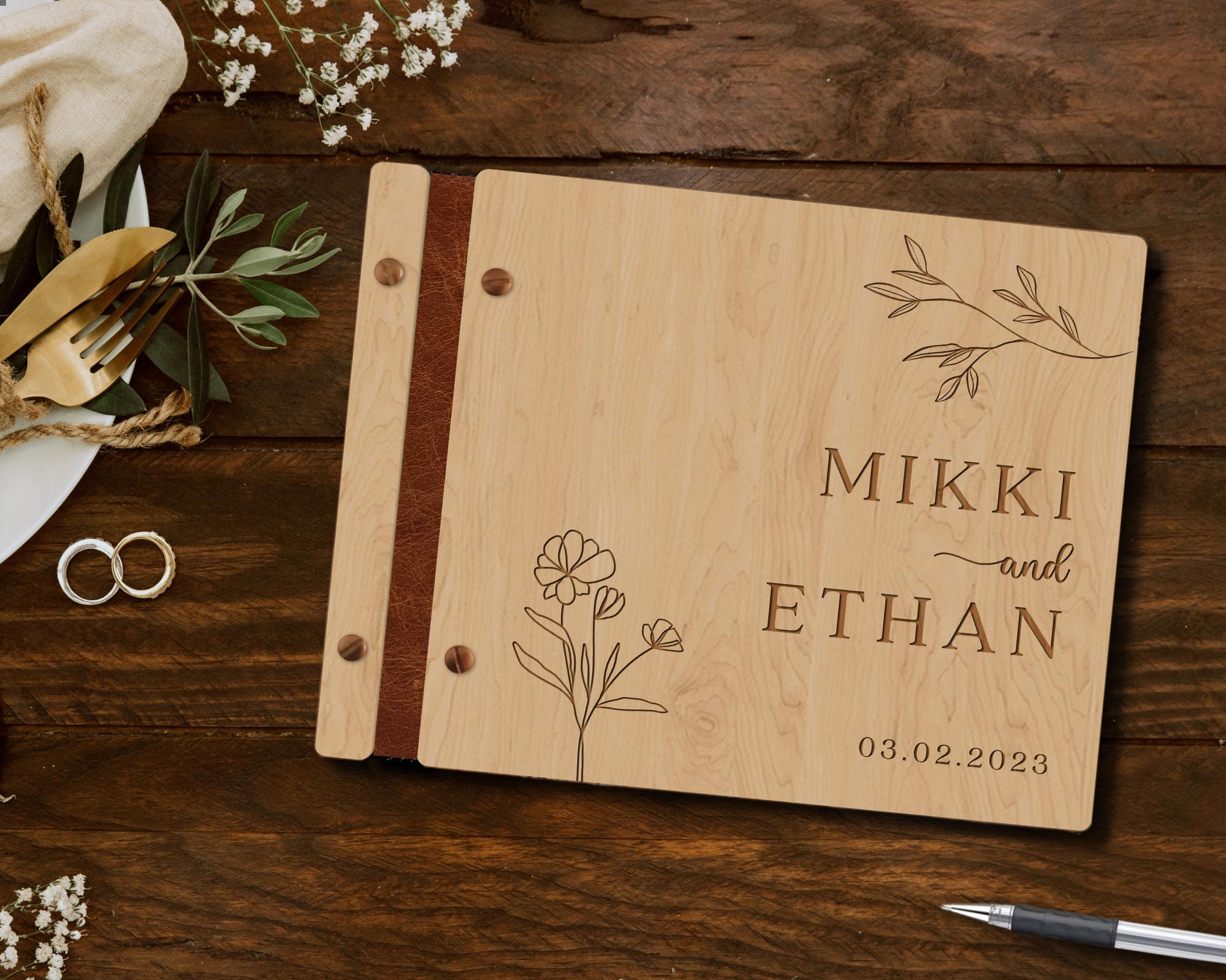 Custom Engraved Wooden Vegan Leather Wedding Guest Book, Personalised Plywood Alternative Traditional Guestbook Keepsake,Rustic Party Decor