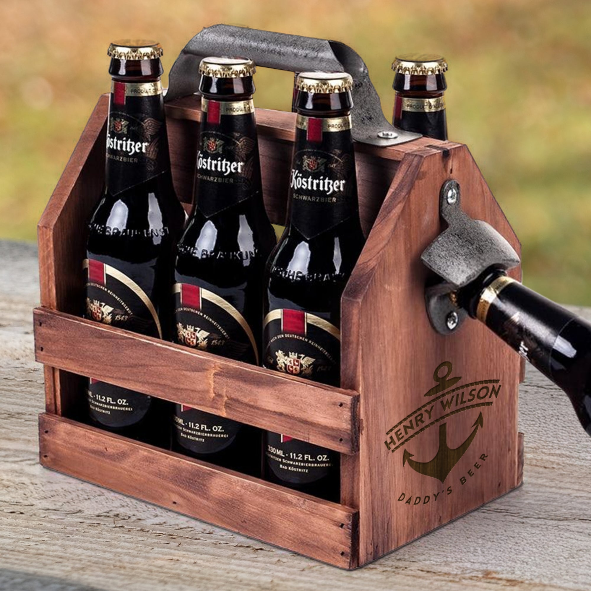 Engraved Wooden Beer Bottle Carrier 6 Pack with Opener