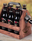 Engraved Wooden Beer Bottle Carrier 6 Pack with Opener