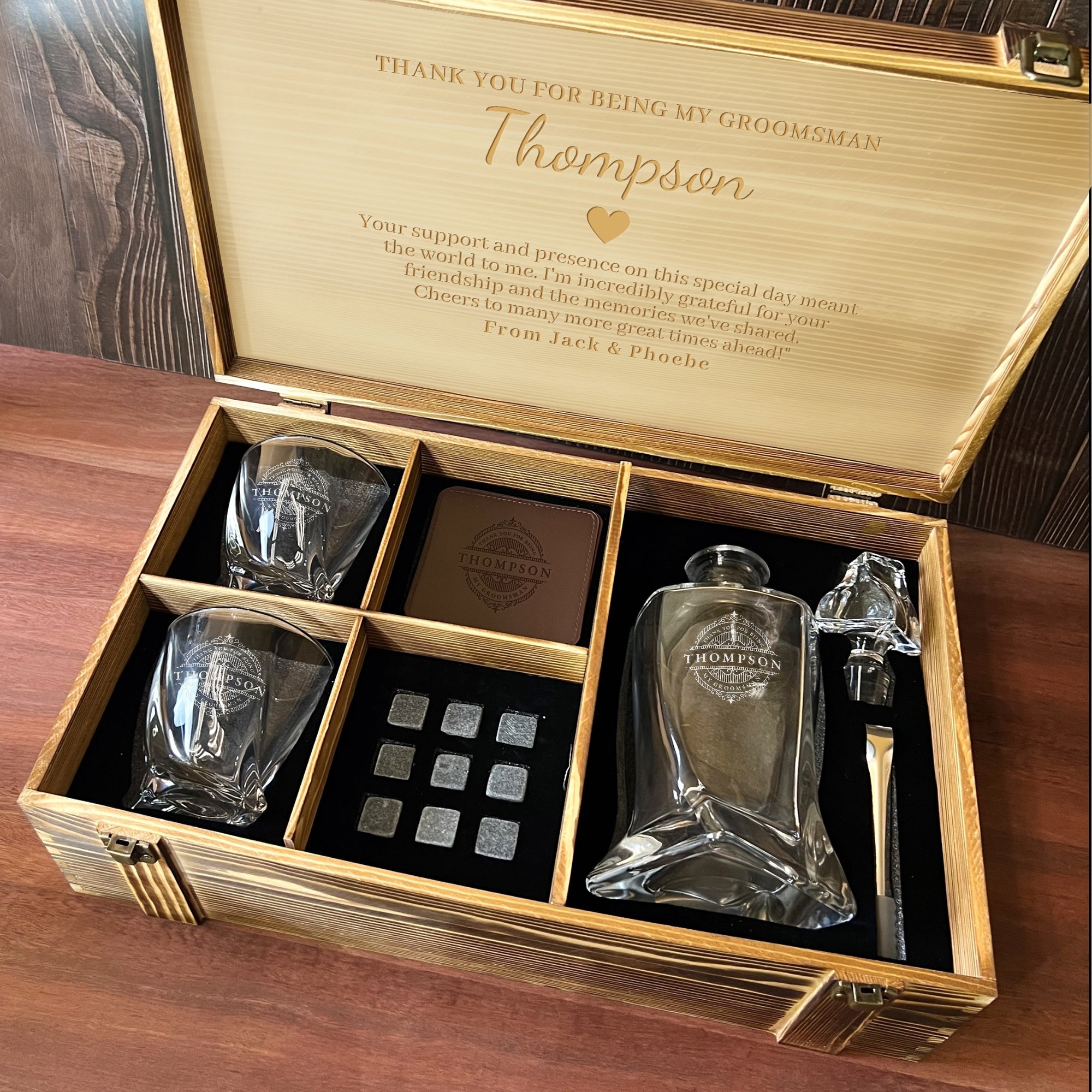 Personalised Wooden Crate Whiskey Gift Box, Twisted Whisky Decanter, 2 Glasses, 6 Ice Stones, 2 Coasters, Tongs, Custom Engraved Barware Set