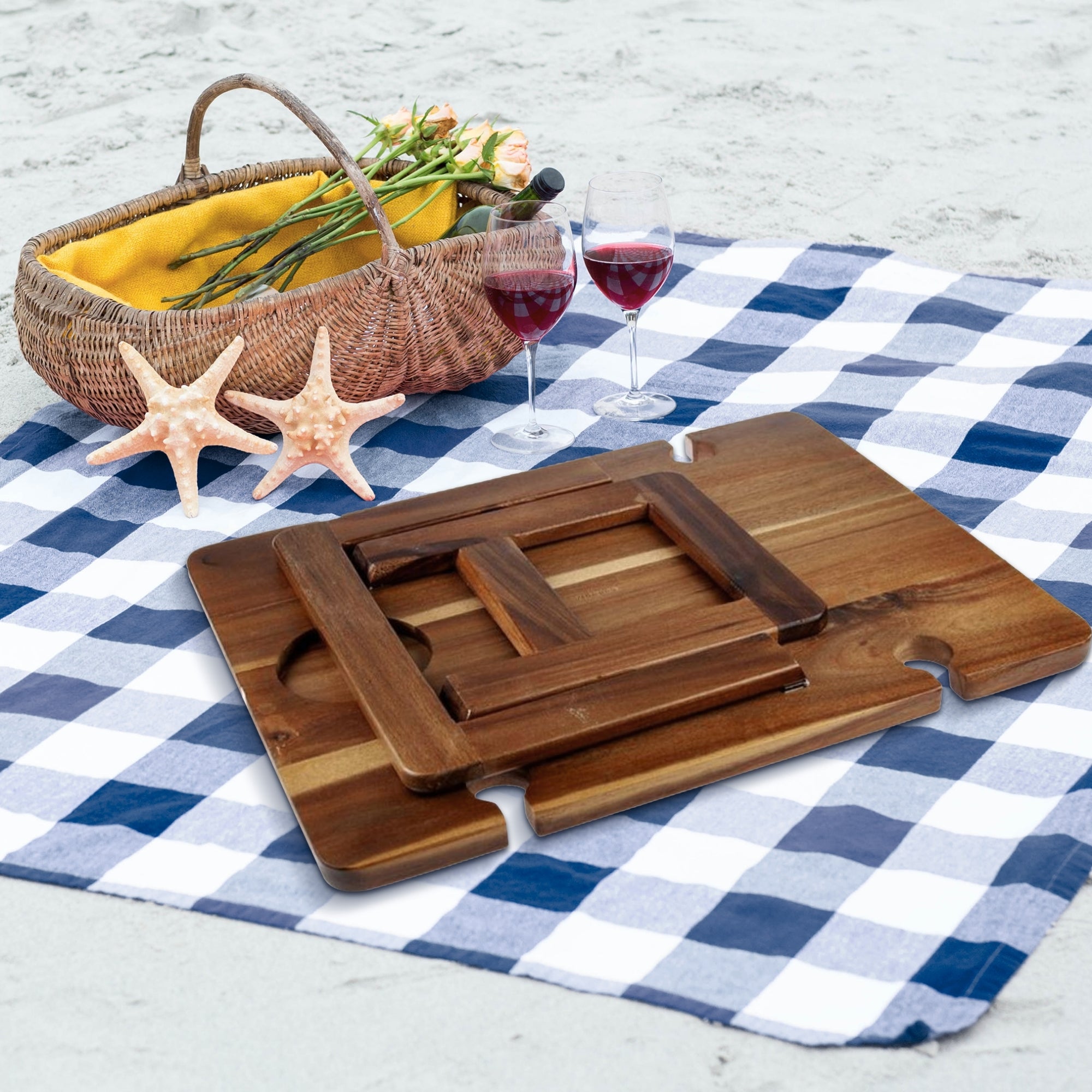 Personalised Foldable Portable Wooden Acacia Travel 4 People Picnic Table &amp; Crystal Wine Glasses, Custom Engraved Wedding, Housewarming Gift