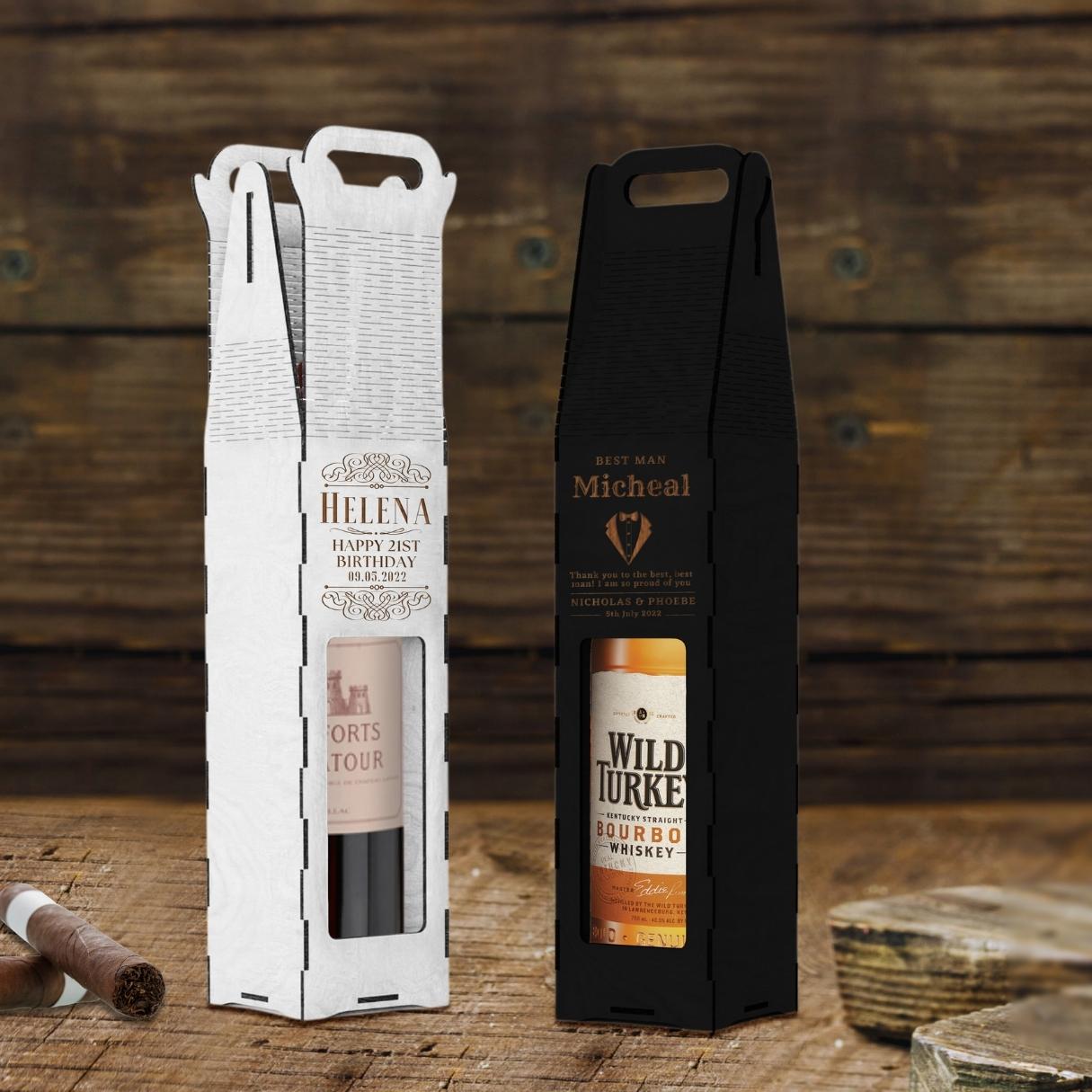 Custom Made Laser Cut &amp; Engraved Wooden Wine Box, Personalised Plywood/ MDF Name/ Logo Wedding, Birthday, Corporate Carry Wine Bottle Display Gift Boxes