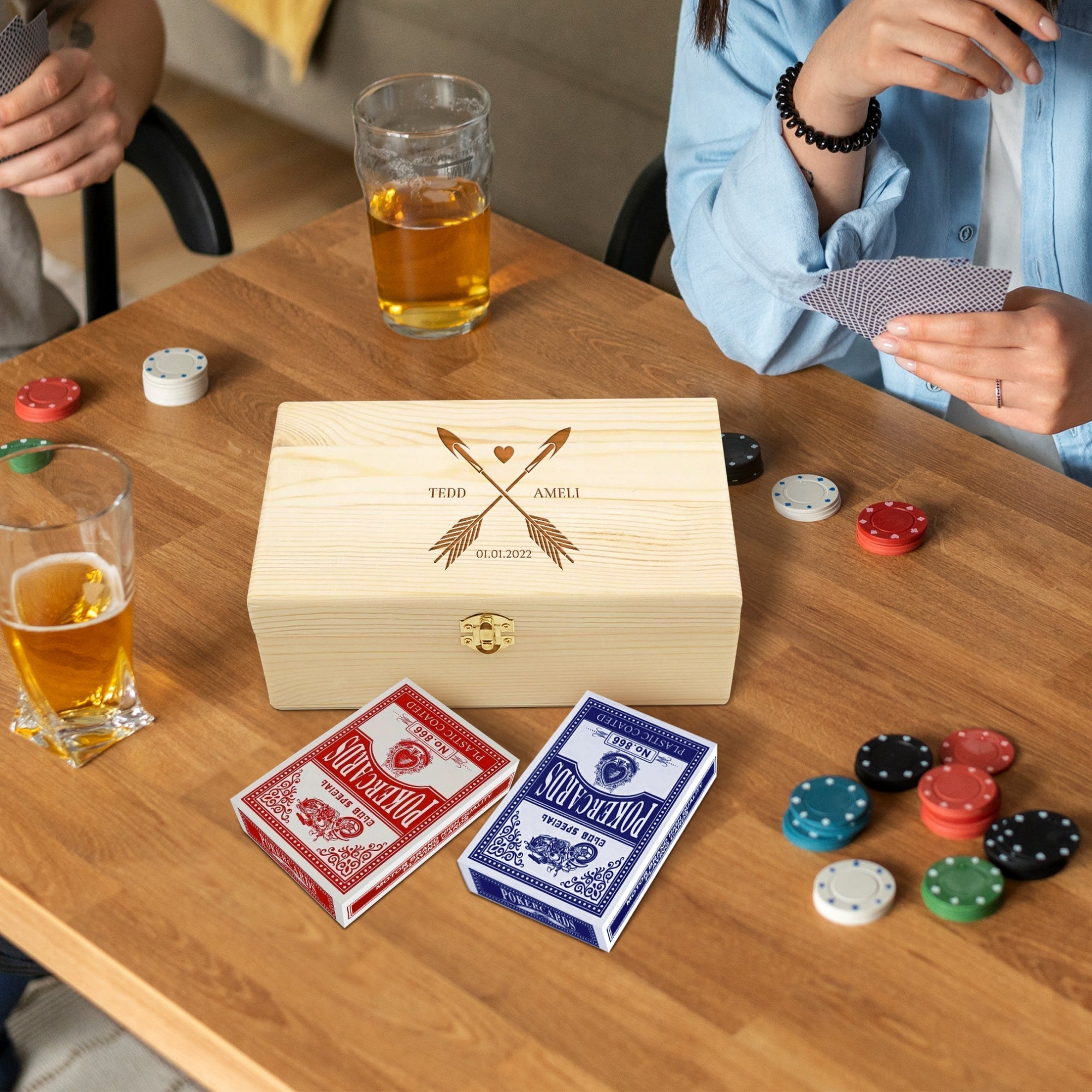 Personalised Wooden Gift Boxed Playing Card Set, Engraved 2 Pack of Cards Deck Holder Storage Family Party Games, Birthday Father, Xmas Gift