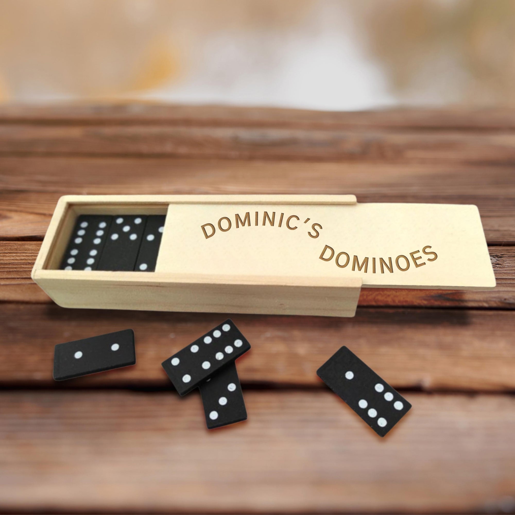Personalised Wooden Domino Box, Engraved Tile Game, Family Party Interactive Dice Board Games, Custom Timber Children Dominoes, Kid Birthday, Father&#39;s Day Gift Set