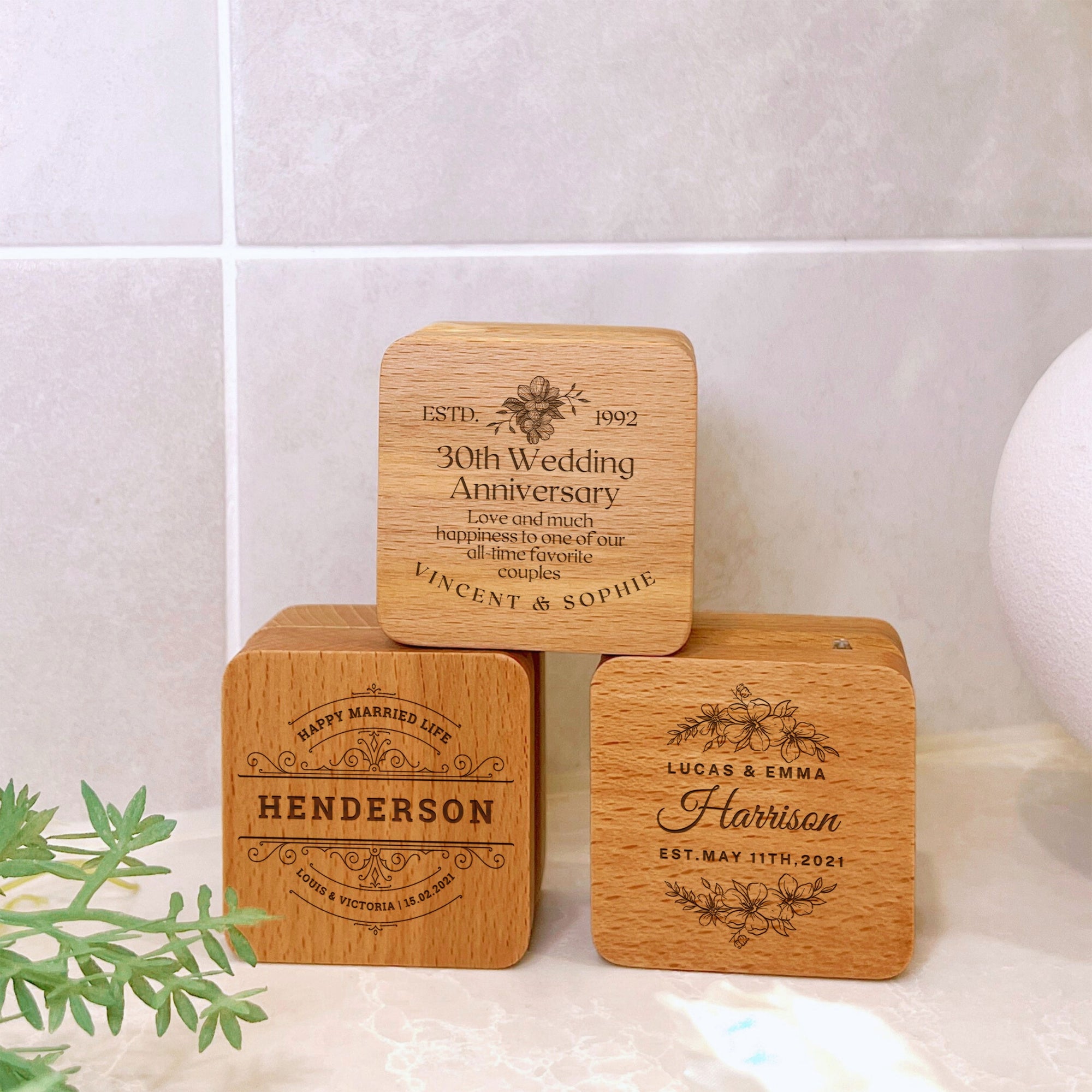 Personalised Wedding Double Slot Square Wood Ring Box, Custom Engraved Engagement Proposal Rings Bearer Oak Holder Storage, Anniversary Gift