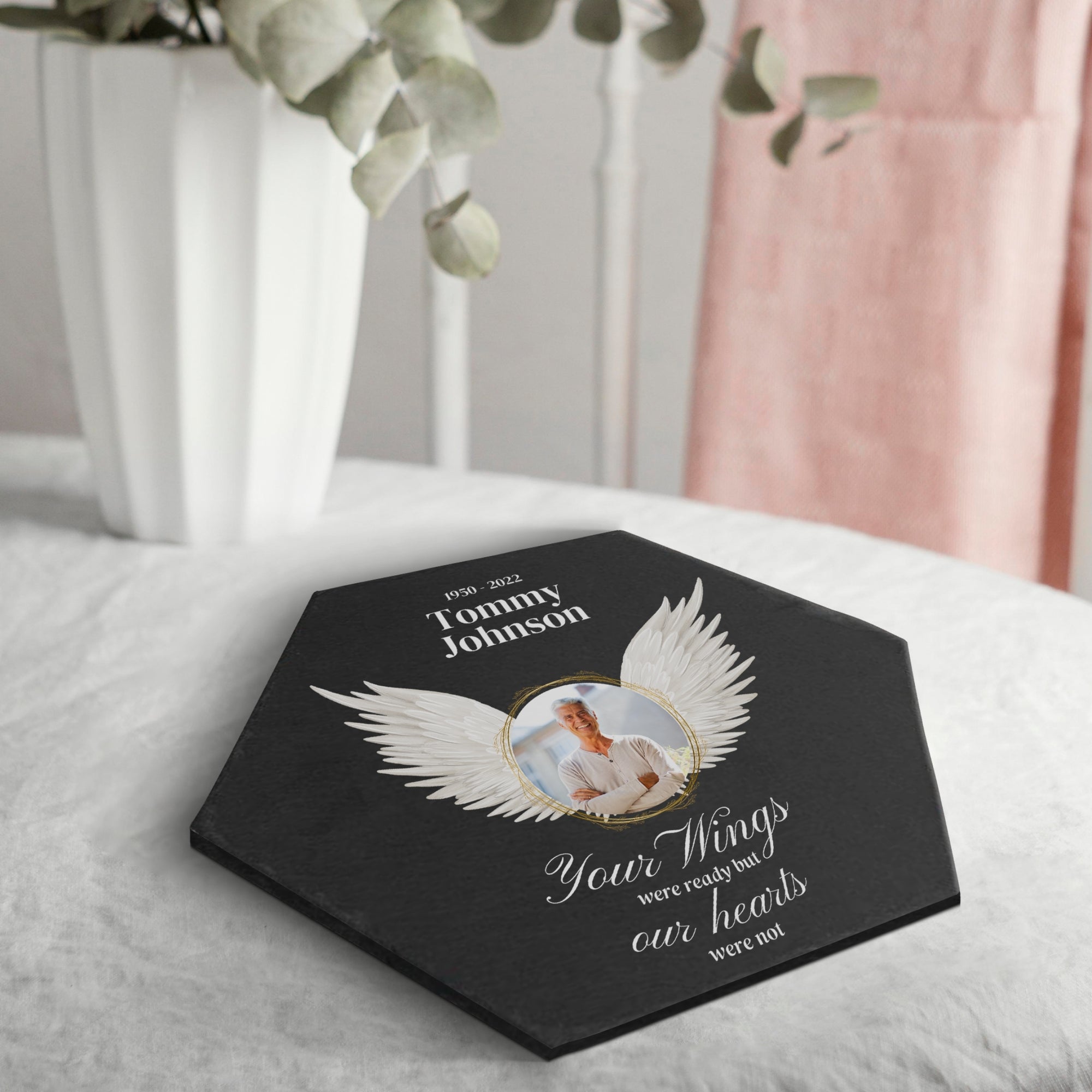 Personalised Photo Memorial Hexagon Slate Sign, Custom Print In Loving Memory Garden Stone, Funeral Cemetery Display Plaque, Loss Pray Gift