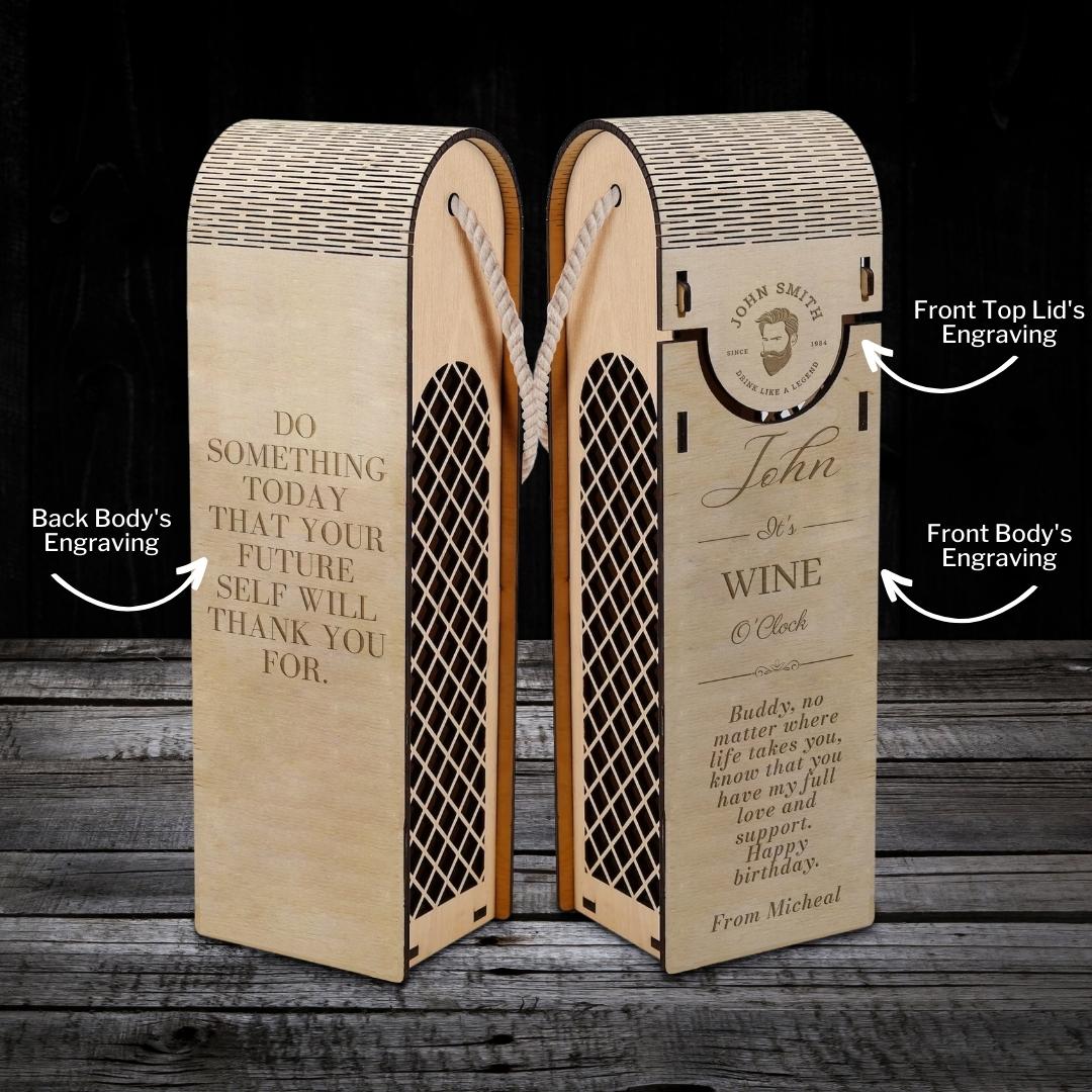Custom Made Laser Cut &amp; Engraved Carry Decorative Rope Handle Wooden Wine Box, Personalised Plywood/ MDF Name/ Logo Wedding, Birthday, Corporate Wine Bottle Gift Boxes