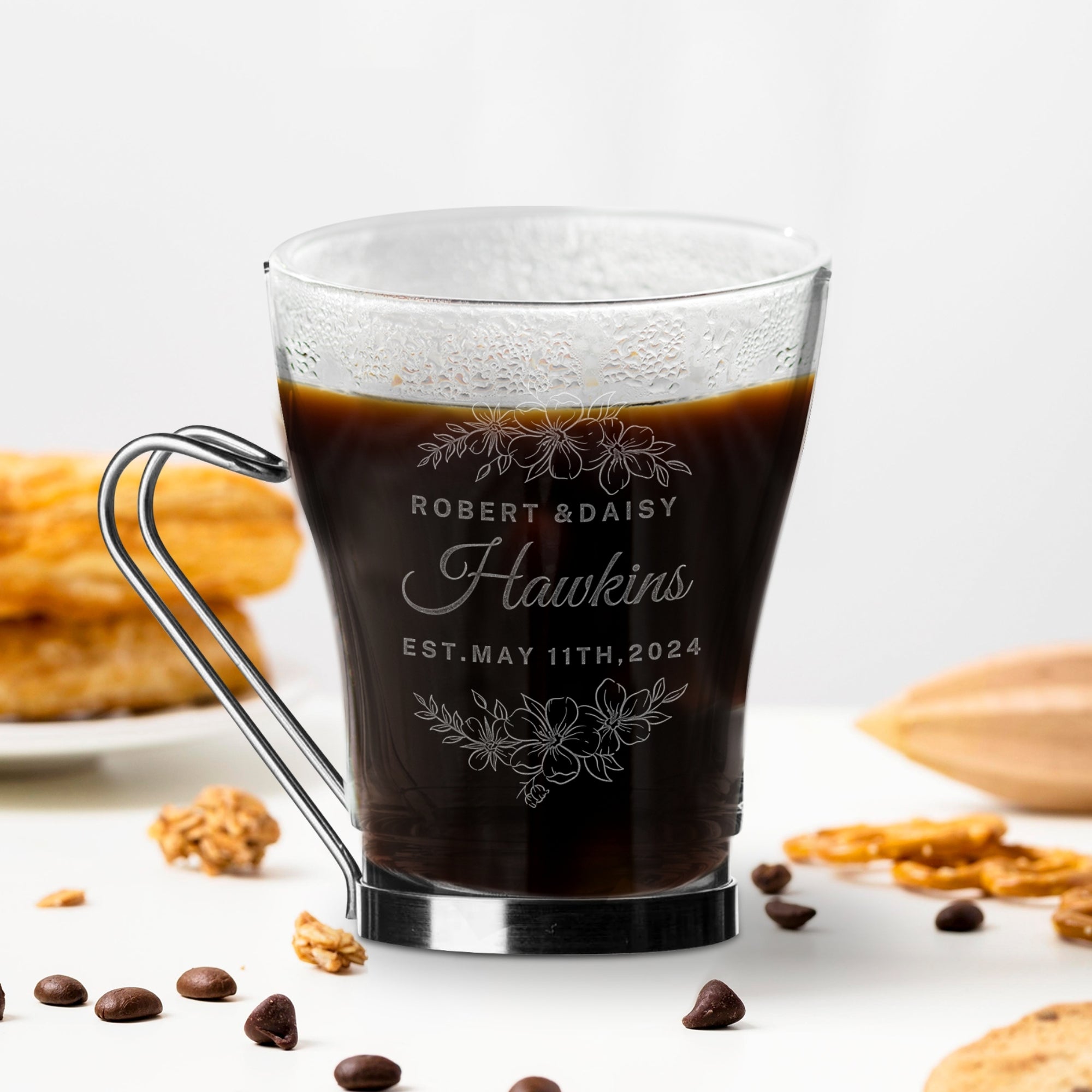 Personalised Glass Coffee Mug &amp; Metal Handle, Custom Engraved Tea Cup, Wedding Favours, Birthday, Mom Father's Day, Christmas Corporate Gift