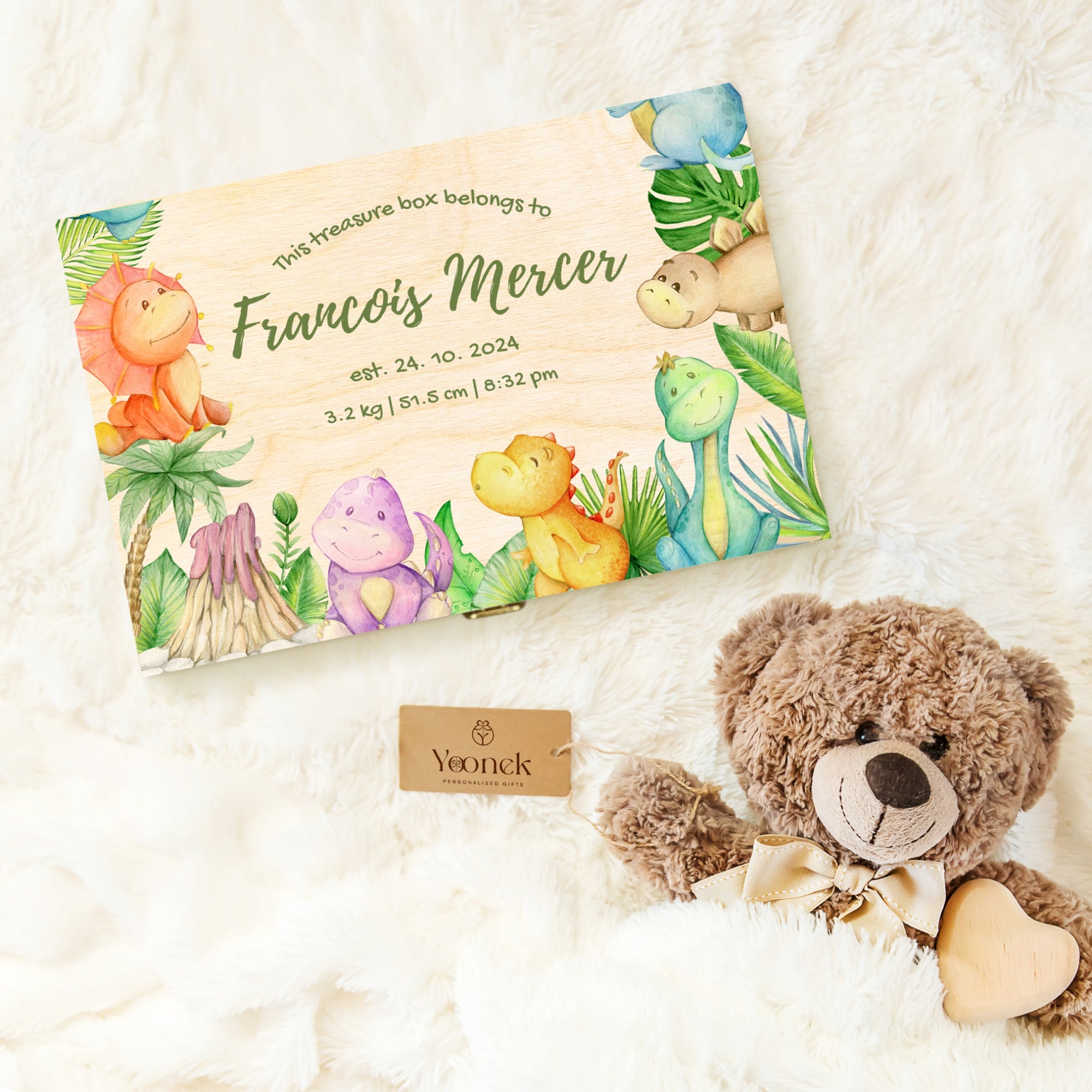 Personalised New Born Baby Wooden Keepsake Box, Custom UV Print Cartoon Water Paint Memory Boxes Treasure Storage First Birthday Shower Gift