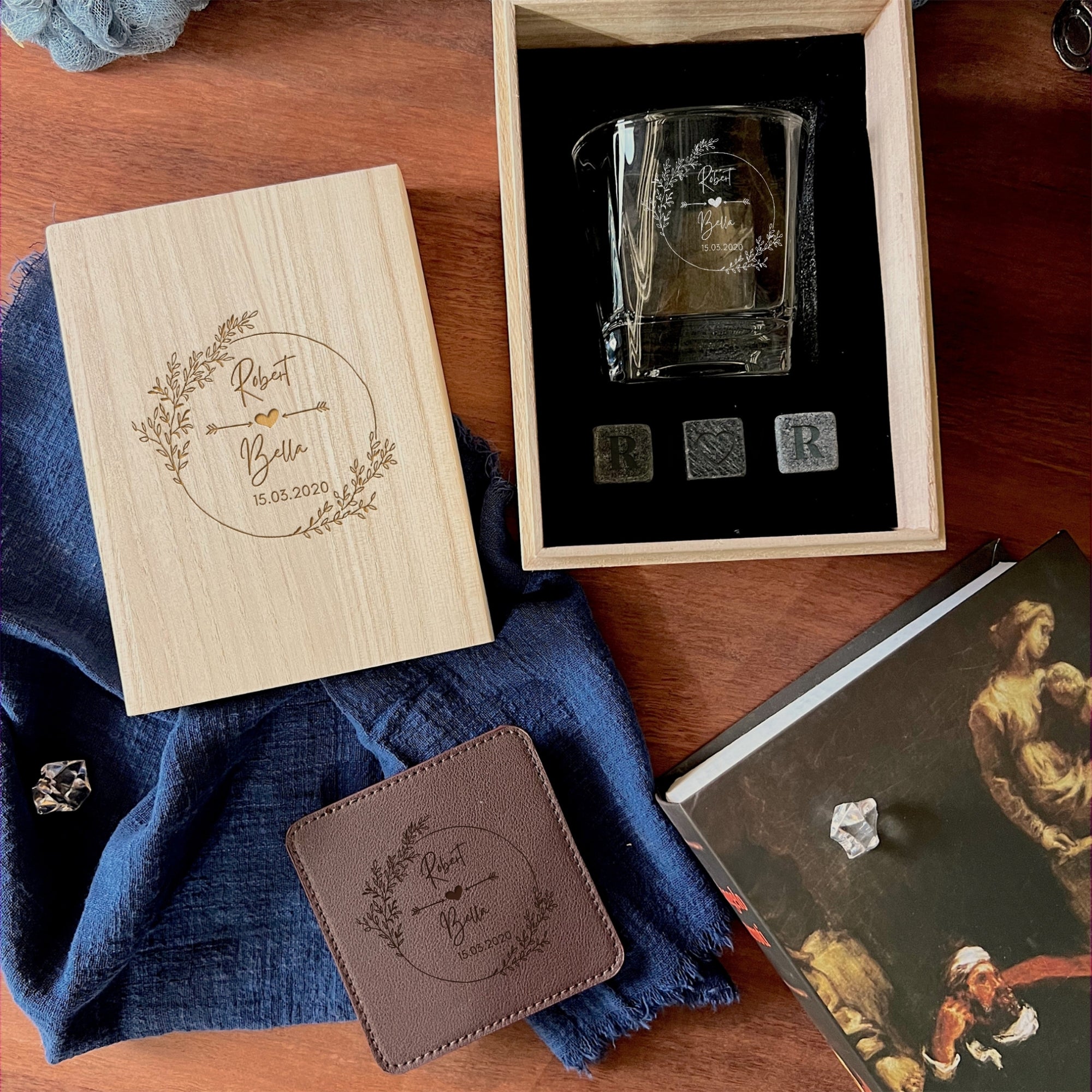 Personalised Wooden Whiskey Gift Box, Star Patterned Base Glass Ice Stones Coaster, Custom Engraved Wedding Barware Set, Dad, Corporate Gift