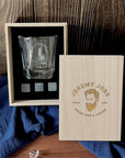 Personalised Wooden Whiskey Gift Box, Star Patterned Base Glass Ice Stones Coaster, Custom Engraved Wedding Barware Set, Dad, Corporate Gift