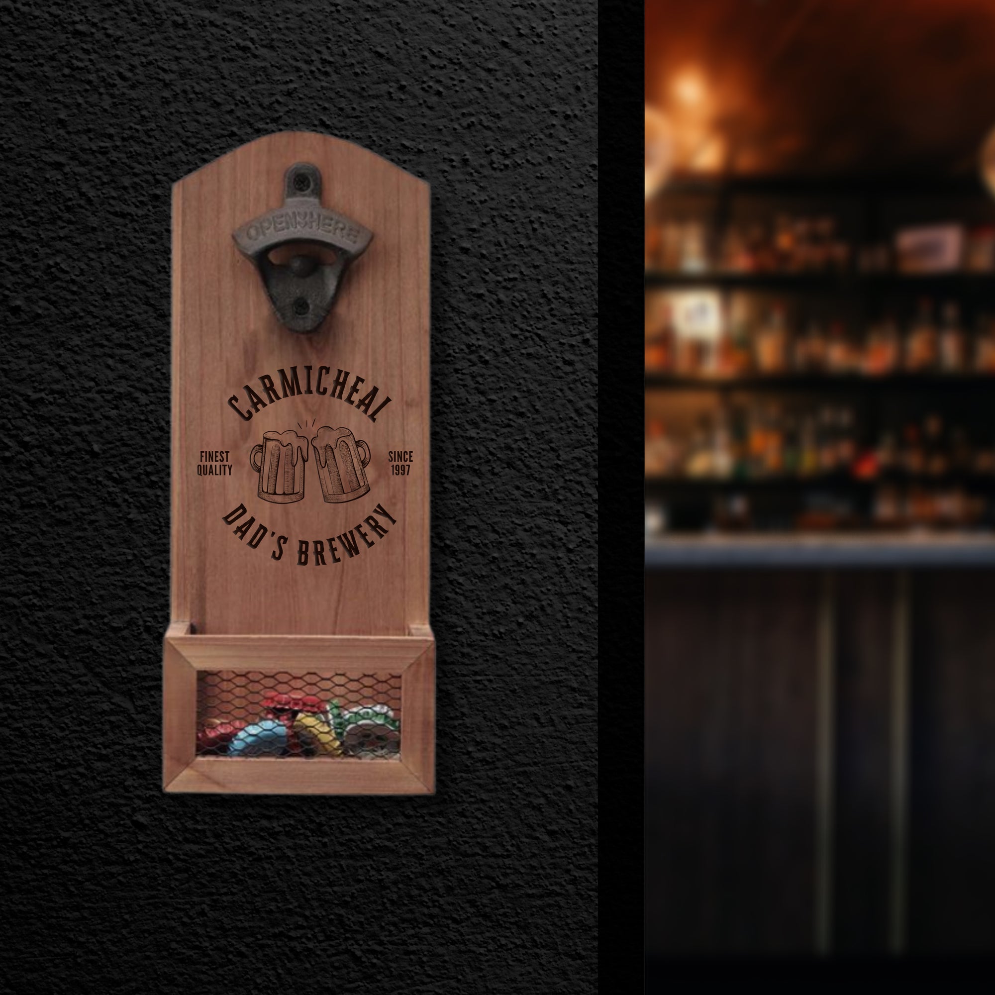 Custom Engraved Wooden Beer Bottle Opener & Cap Catcher/ Collector, Personalised Name Logo, Father's Day, Christmas, Groomsmen Gift for Him