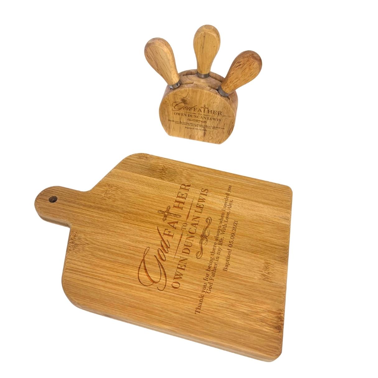 Personalised Wooden Paddle Chopping Board &amp; 4 Piece Cheese Knife Set Customised Serving Tray Engraved Charcuterie Platter, Housewarming Gift