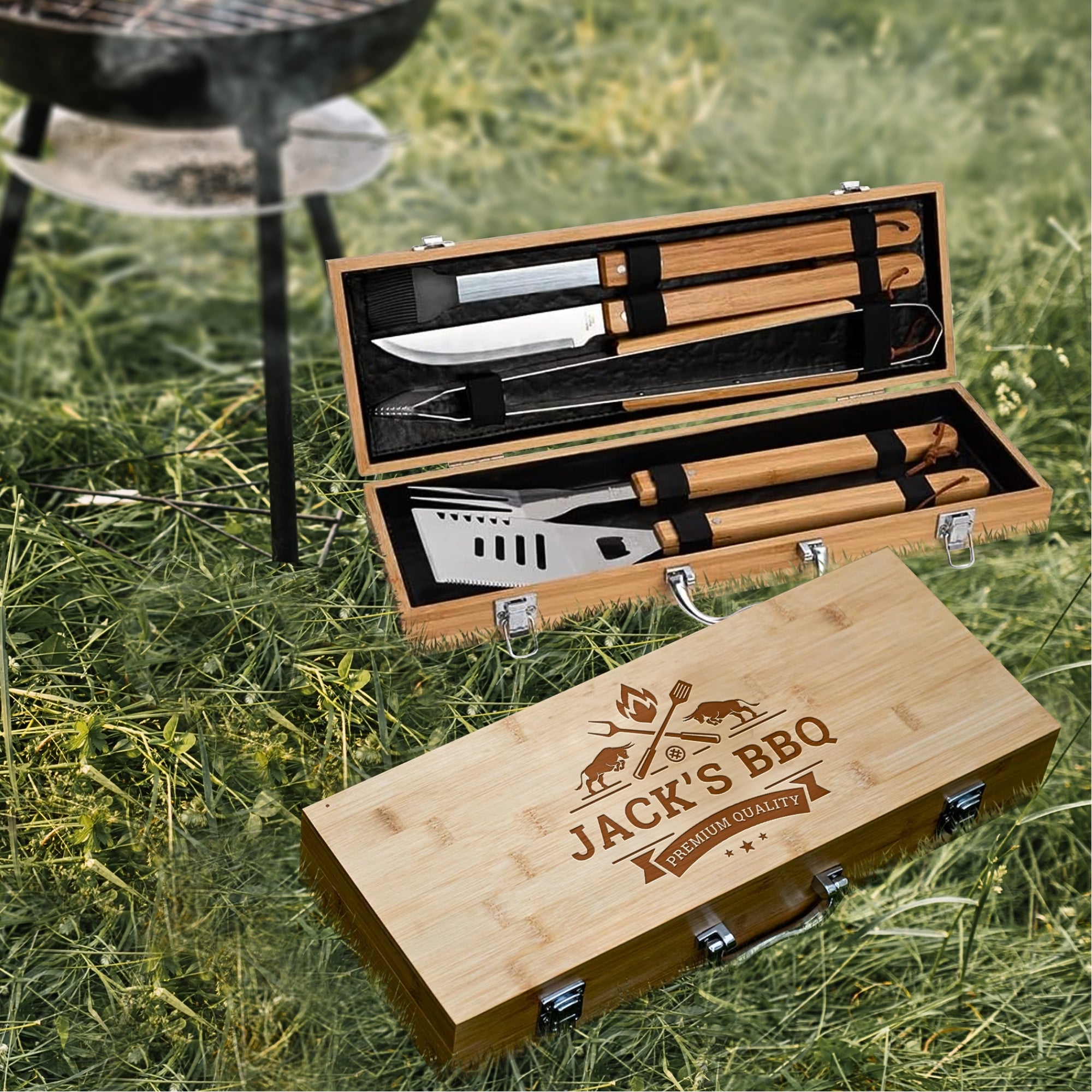 Personalised Bamboo BBQ Tools &amp; Box Set, Custom Engraved Barbecue Utensils Case, Grill Master, Groomsman, Dad, Housewarming, Corporate Gift