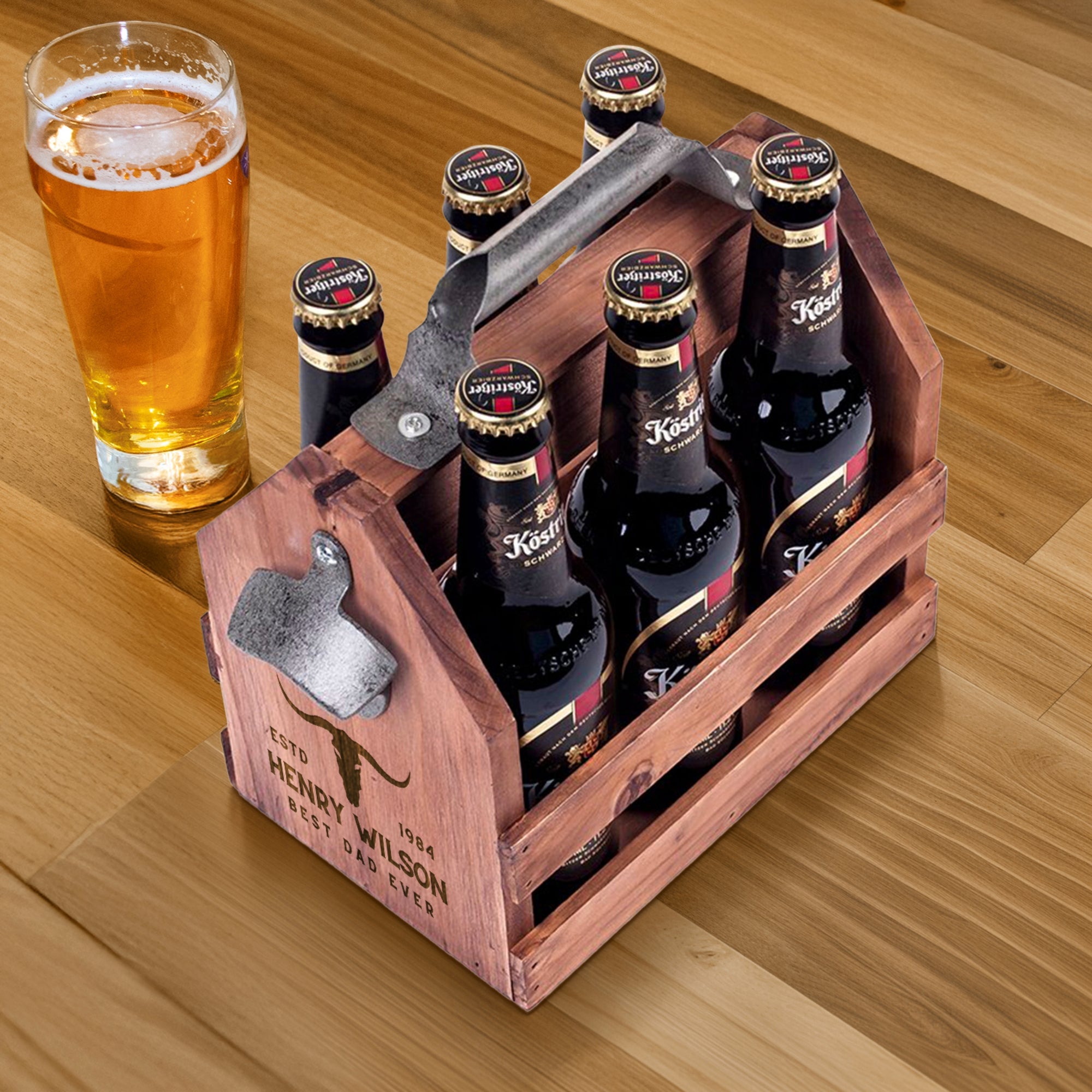 Engraved Wooden Beer Bottle Carrier 6 Pack with Opener